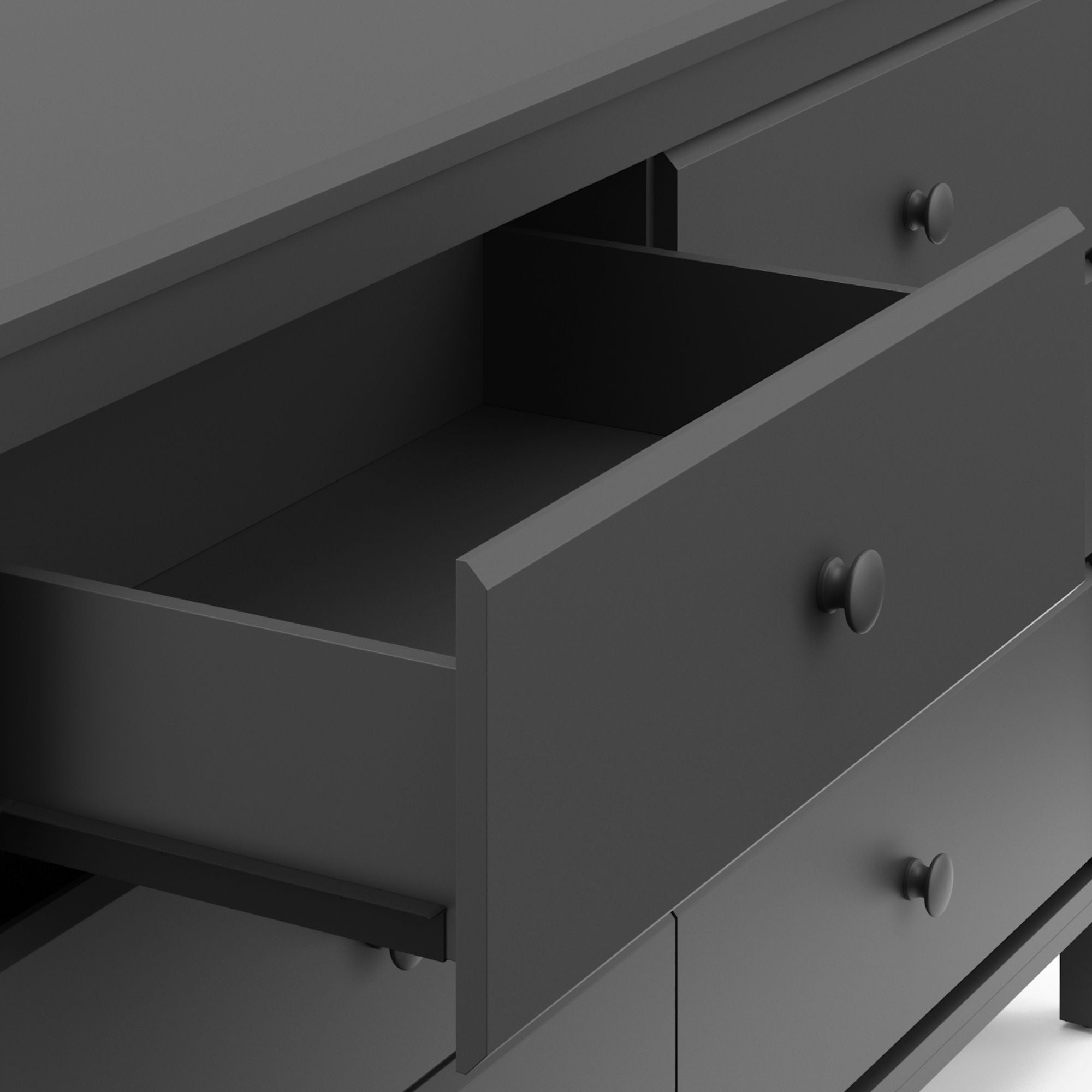 Alpine gray 6 drawer dresser close up of top left drawer open