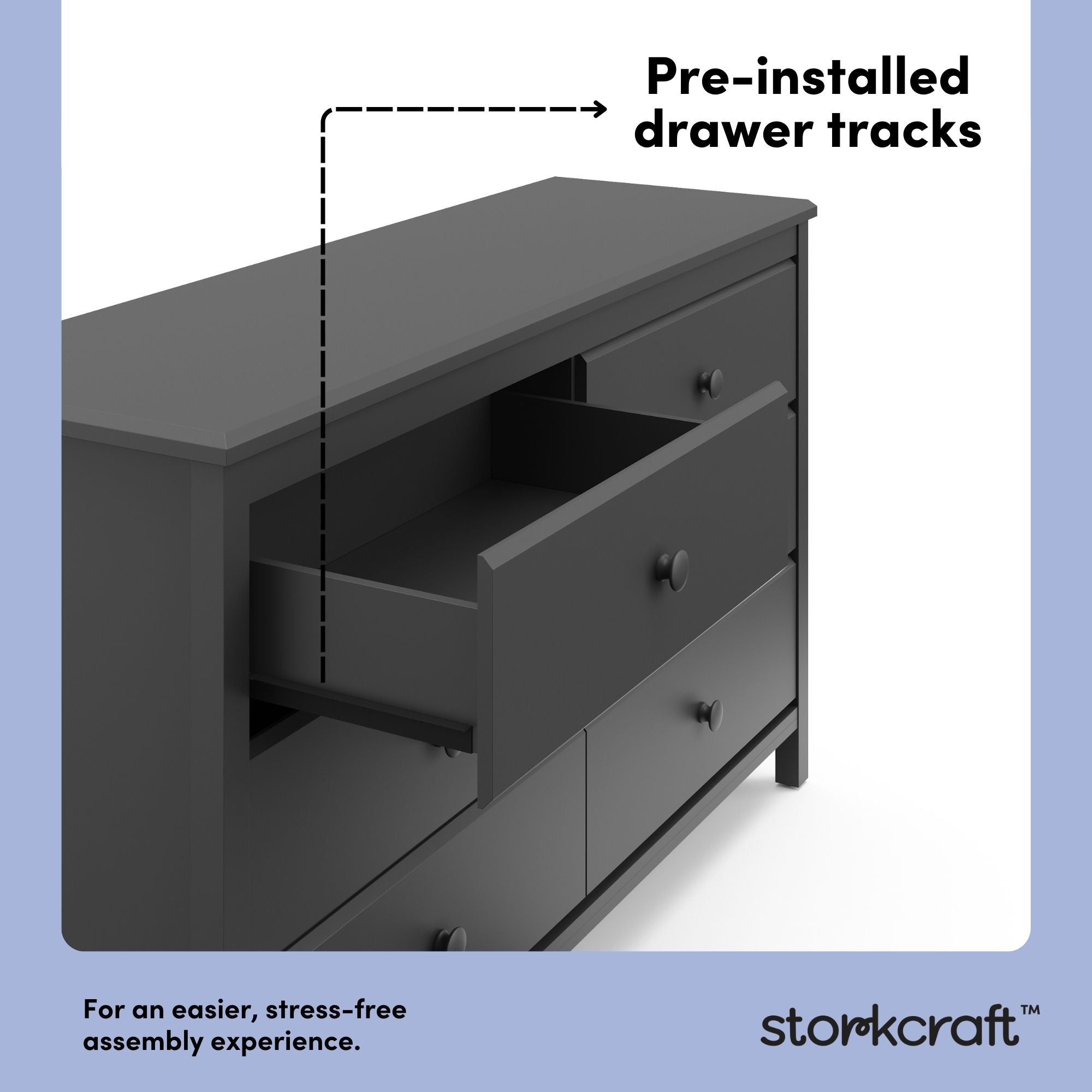 alpine gray 6 drawer dresser pre-installed drawer tracks callout