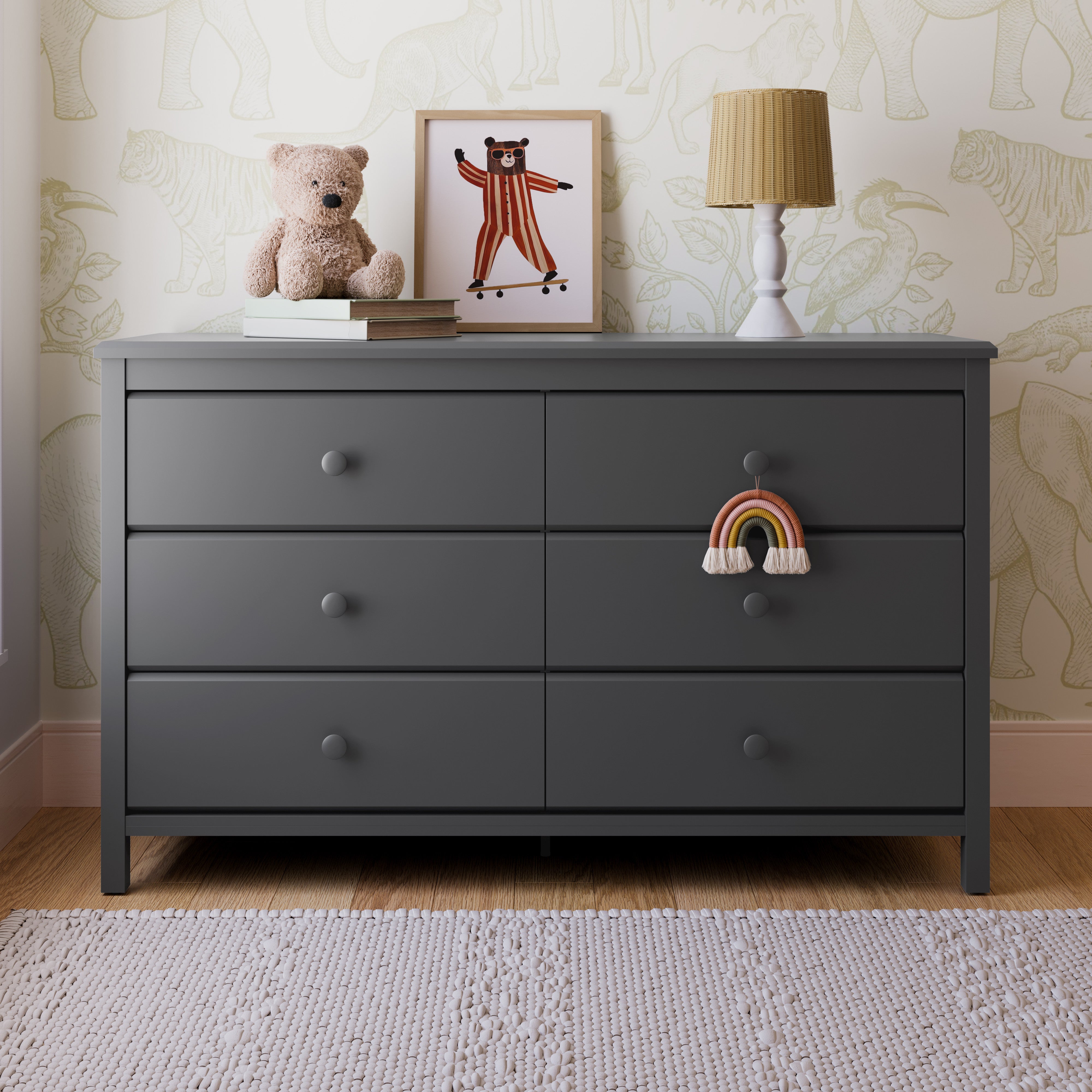 Alpine gray 6 drawer dresser in a nursery