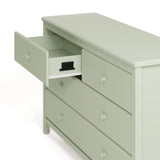 Alpine sage 6 drawer dresser with top left drawer open showing interlocking drawer mechanism