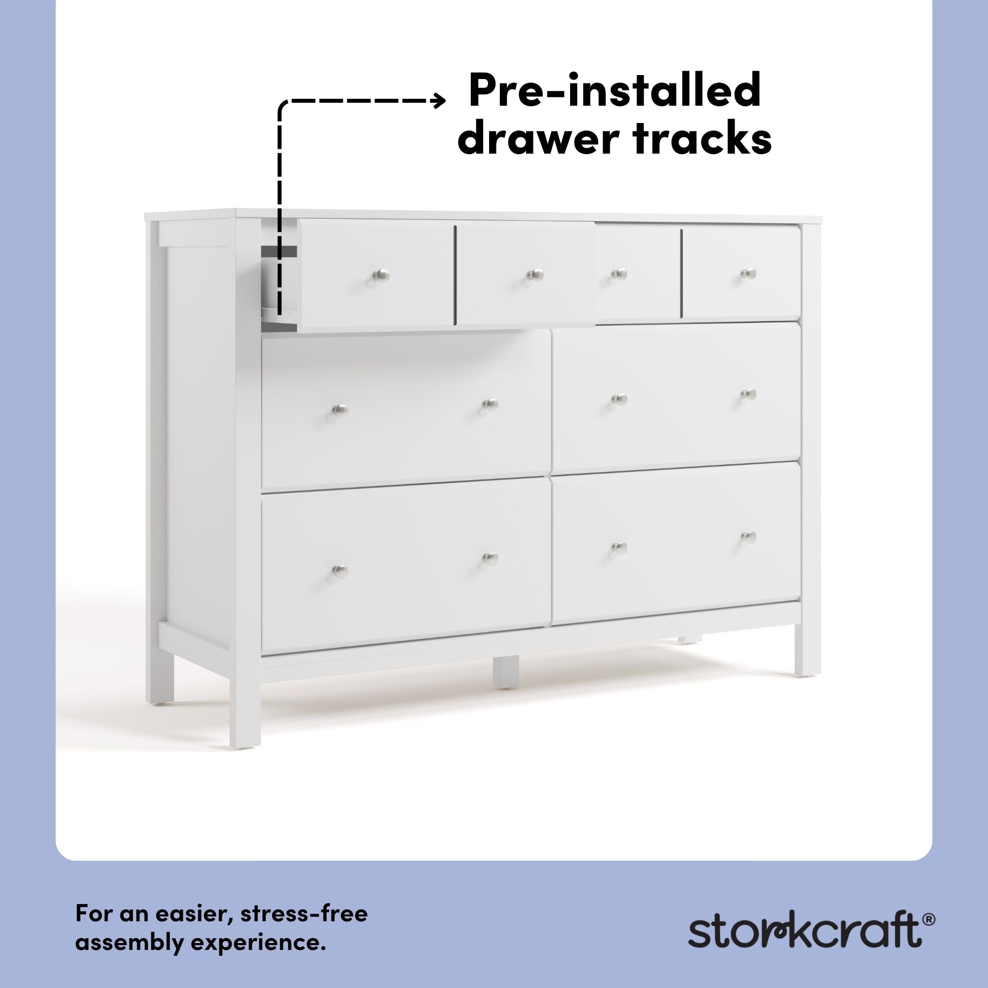 Horizon white 6 drawer dresser pre-installed drawer tracks callout