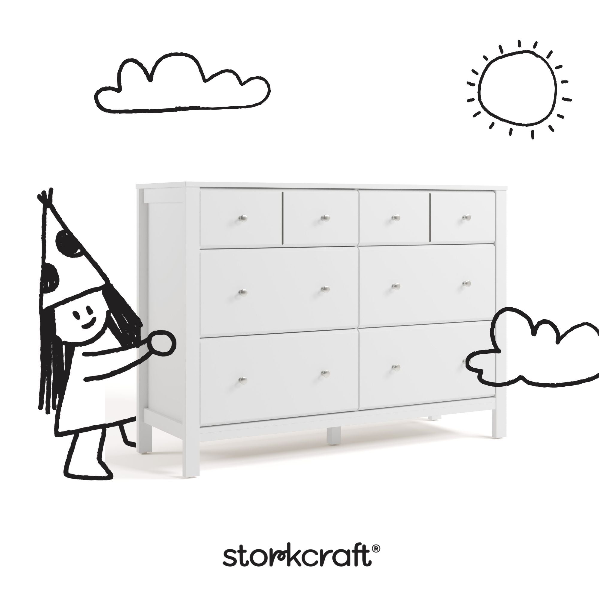 Horizon white 6 drawer dresser with black doodles overlaid on image