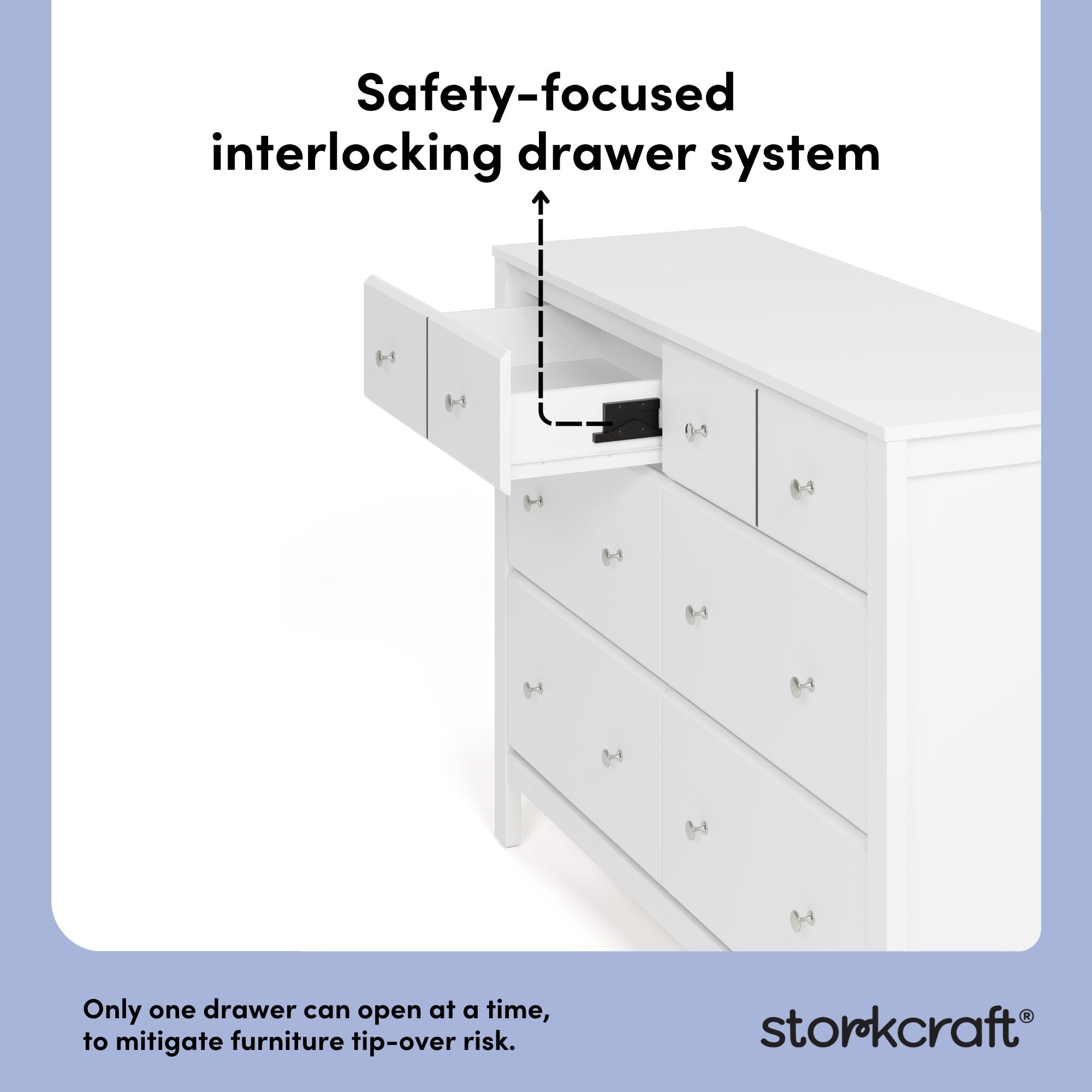 Horizon white 6 drawer dresser interlocking drawer system callout