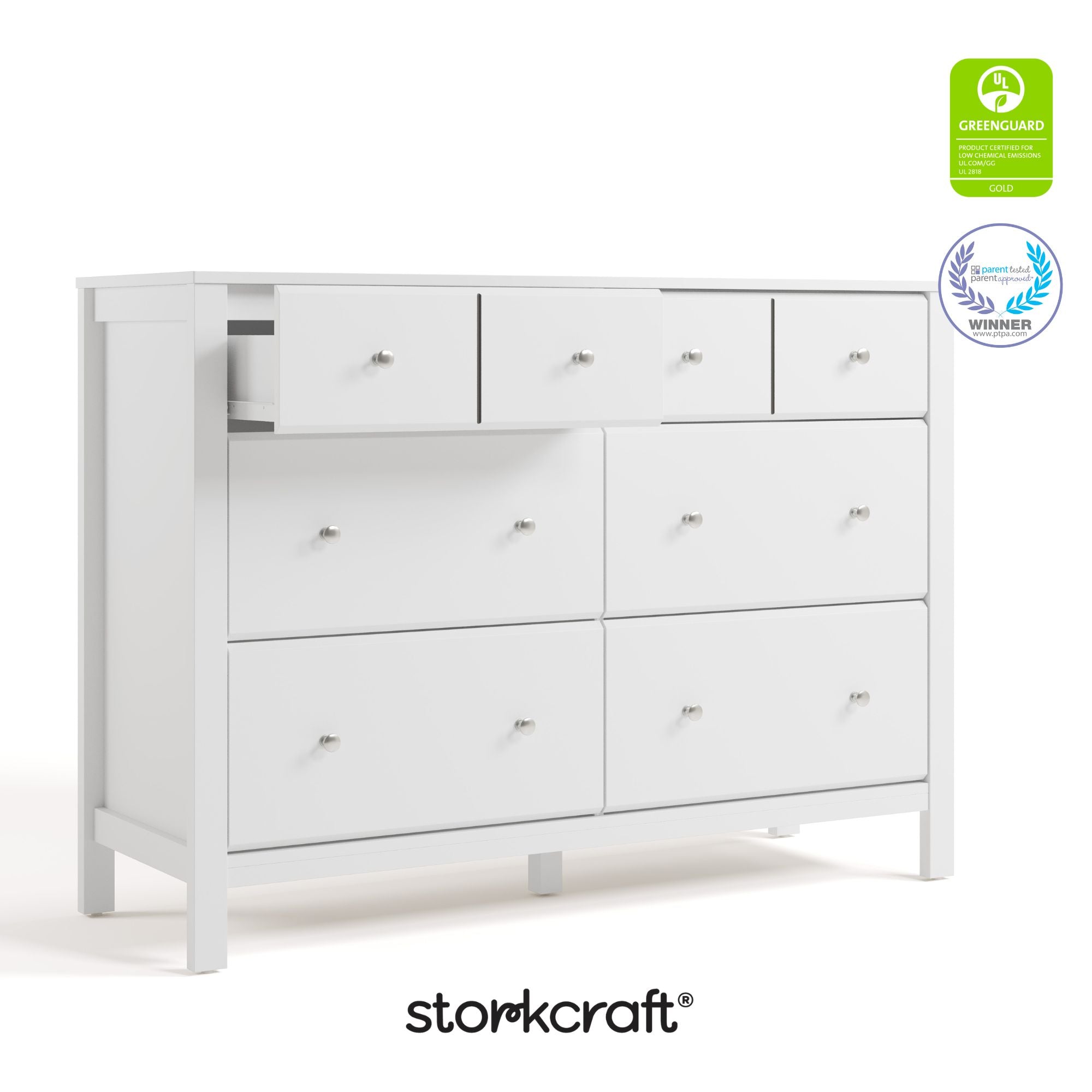 Horizon white 6 drawer dresser with GGG and PTPA logos on top right