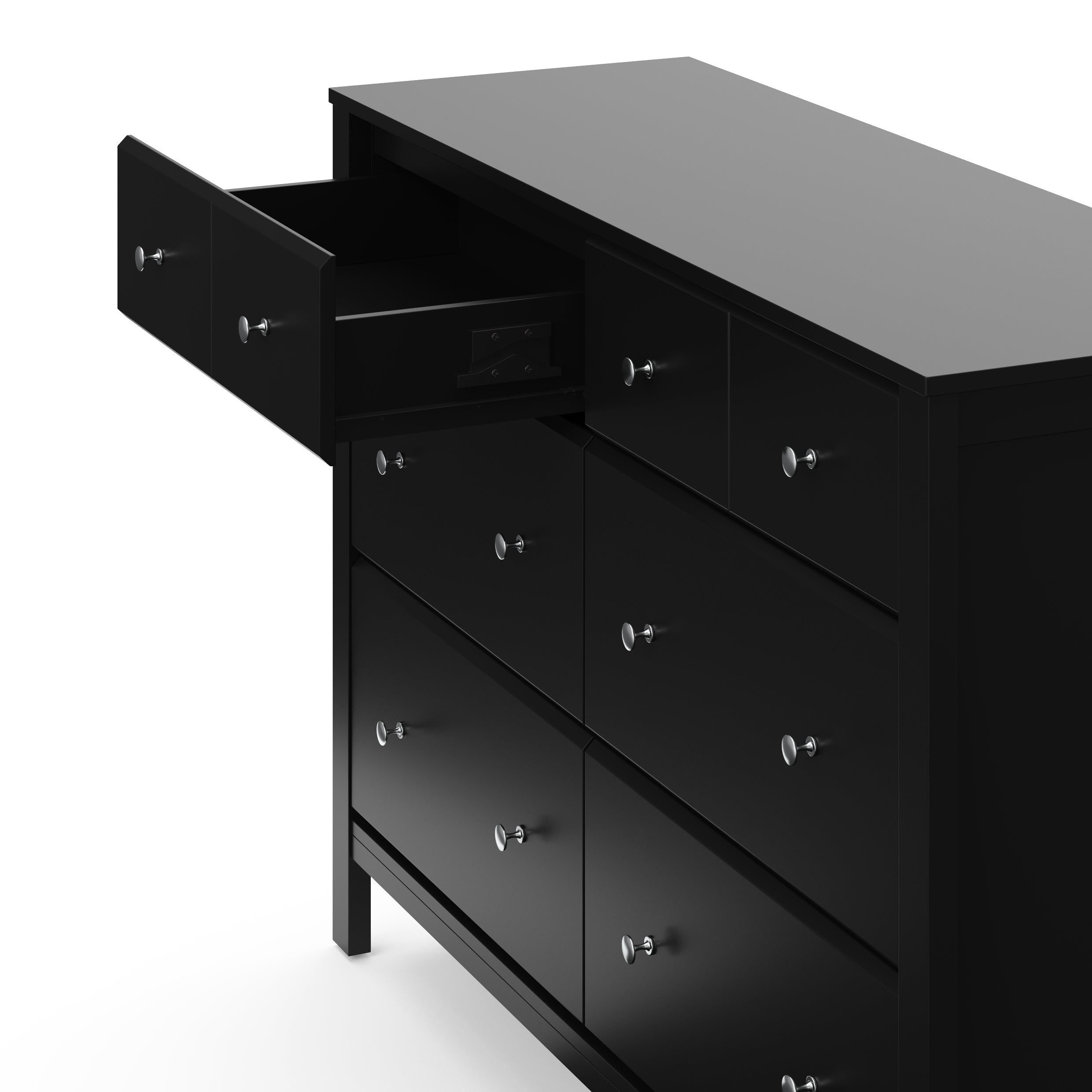 top view of black 6 drawer dresser with one open drawer showing the interlocking drawer system