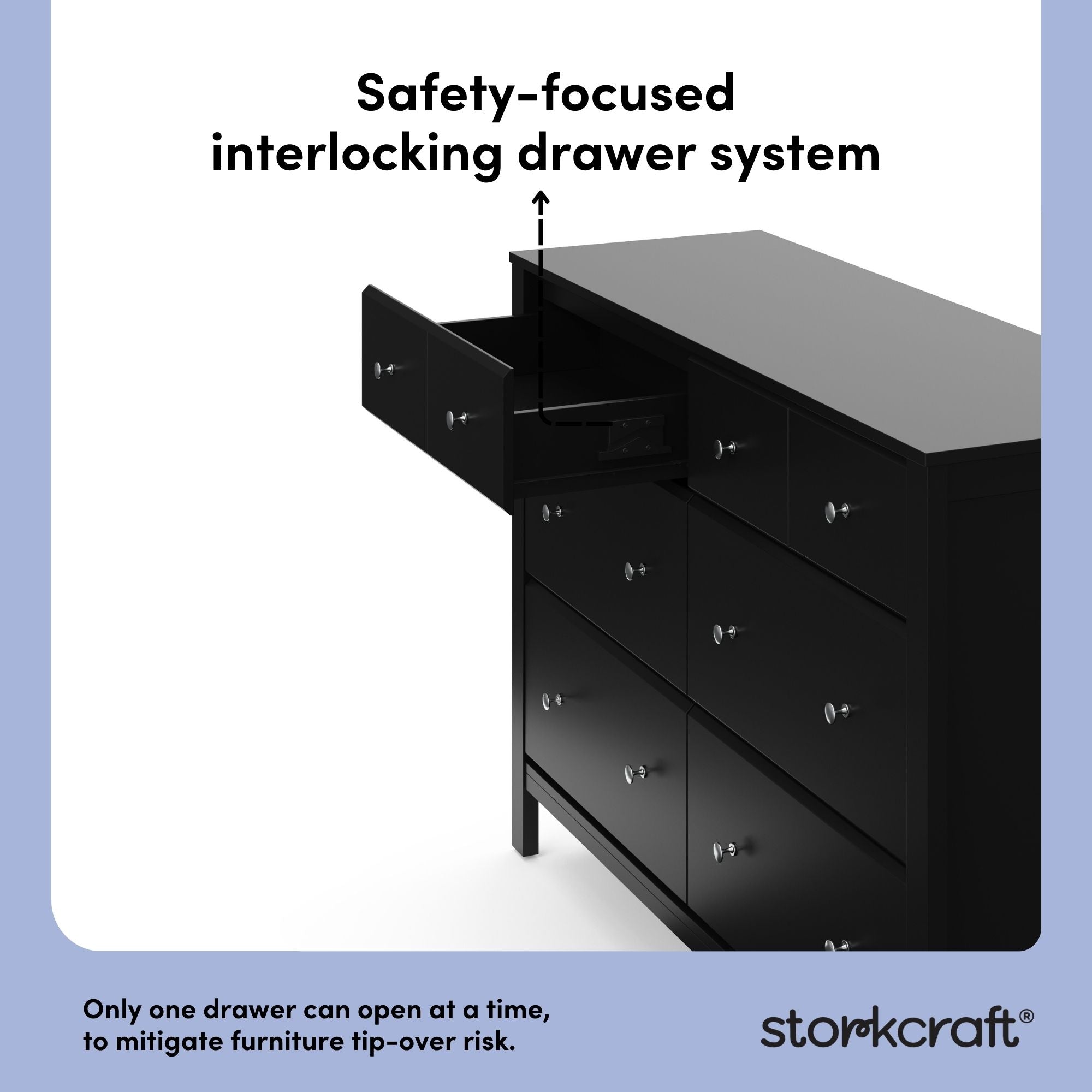 Horizon black 6 drawer dresser interlocking drawer system callout