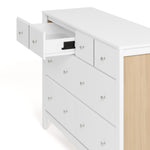Horizon white with driftwood 6 drawer dresser with top left drawer open side view showing interlocking drawer mechanism