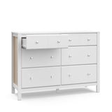 angled view of white with driftwood 6 drawer dresser with one open drawer