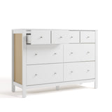 Horizon white with driftwood 6 drawer dresser with top left drawer open angle view