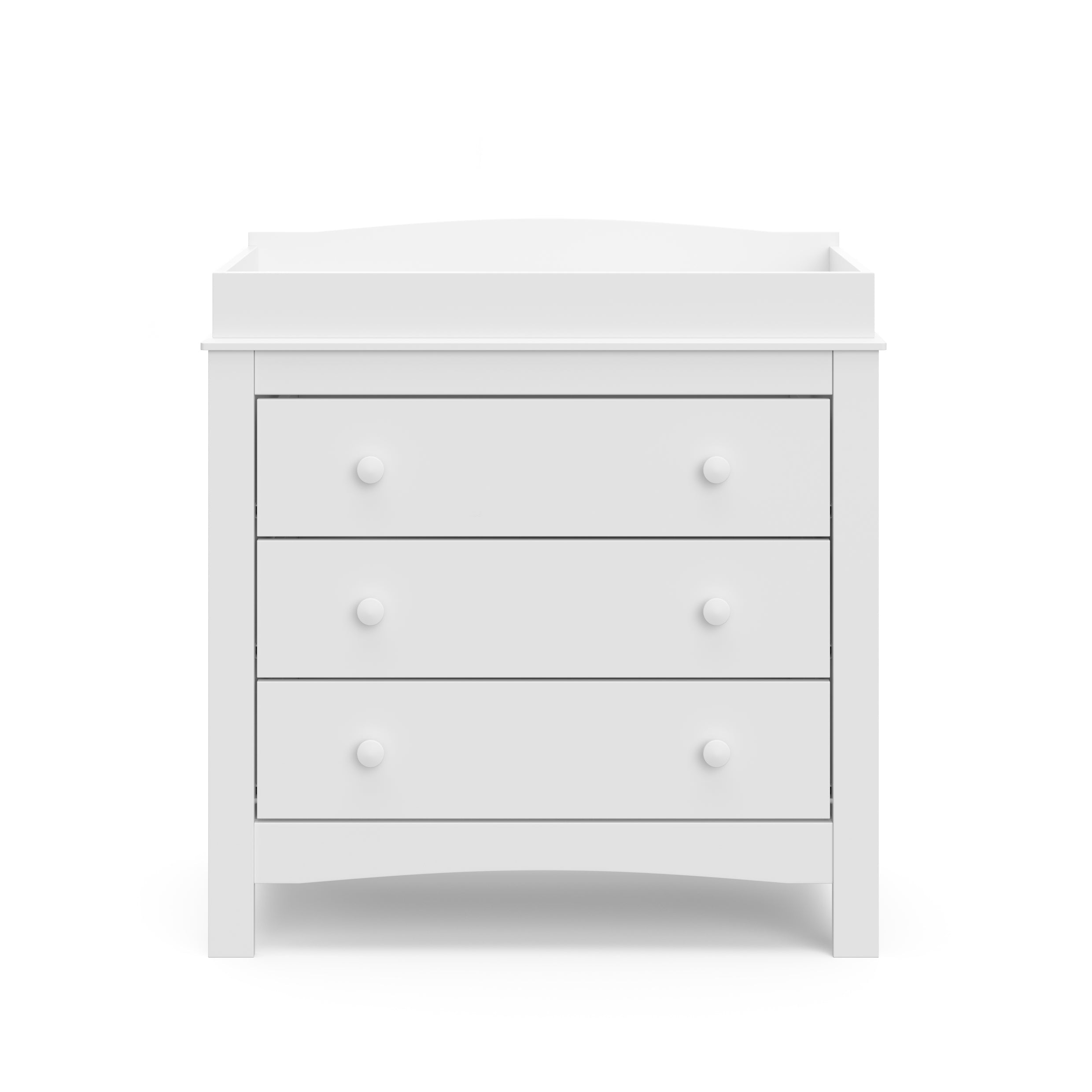 Front view of white 3 drawer chest