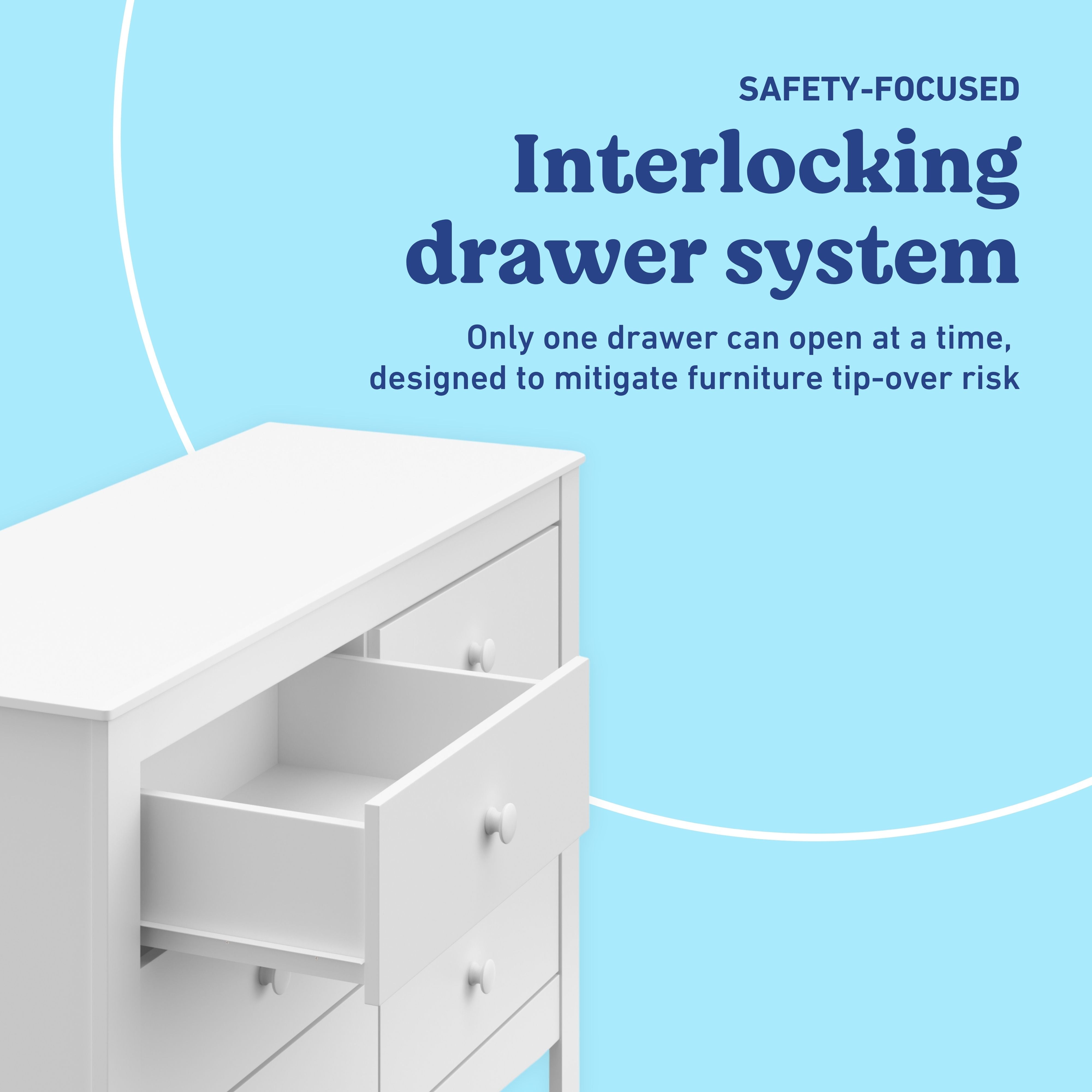 Noah white 6 drawer dresser interlocking drawers callout