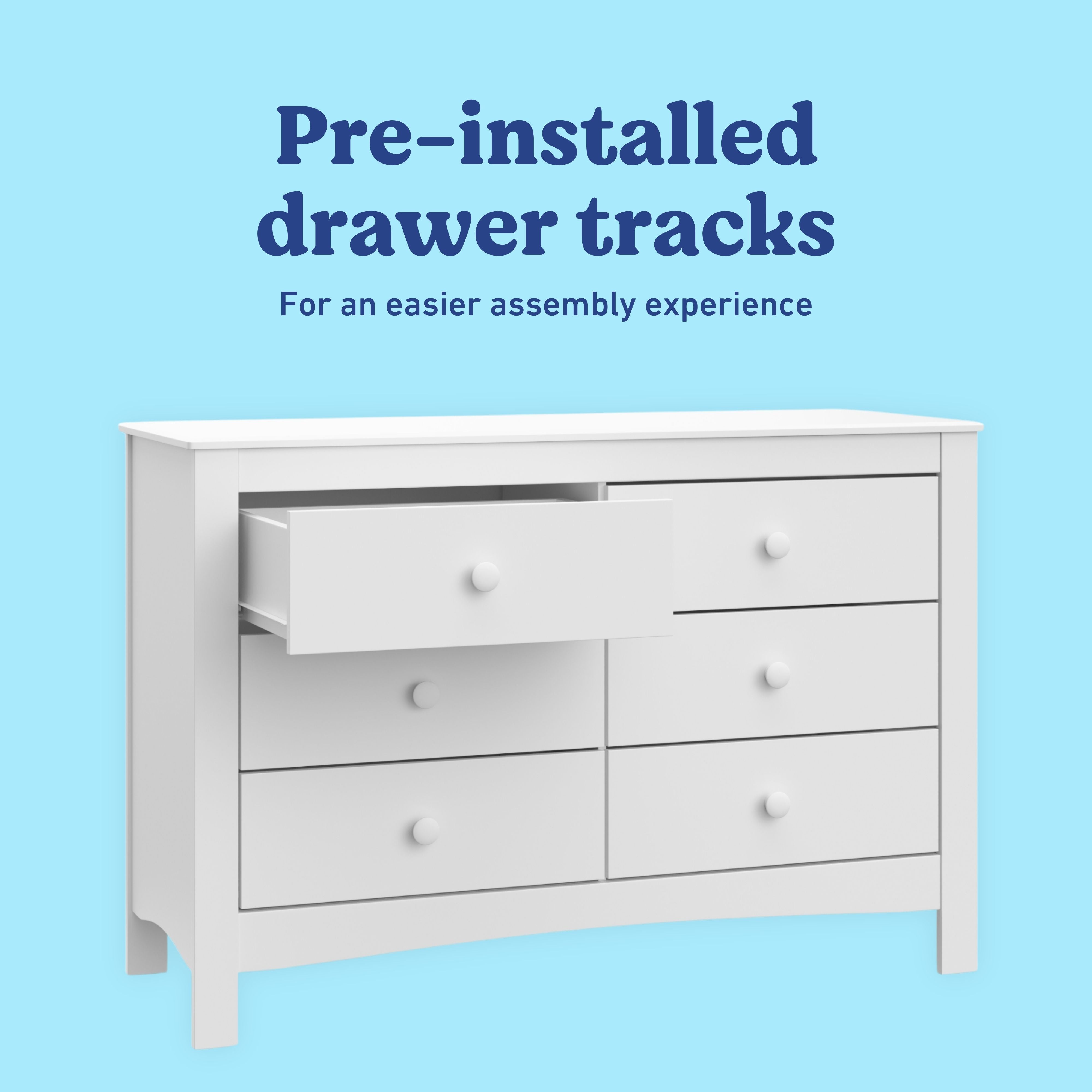 Noah white 6 drawer dresser pre-installed drawer tracks callout