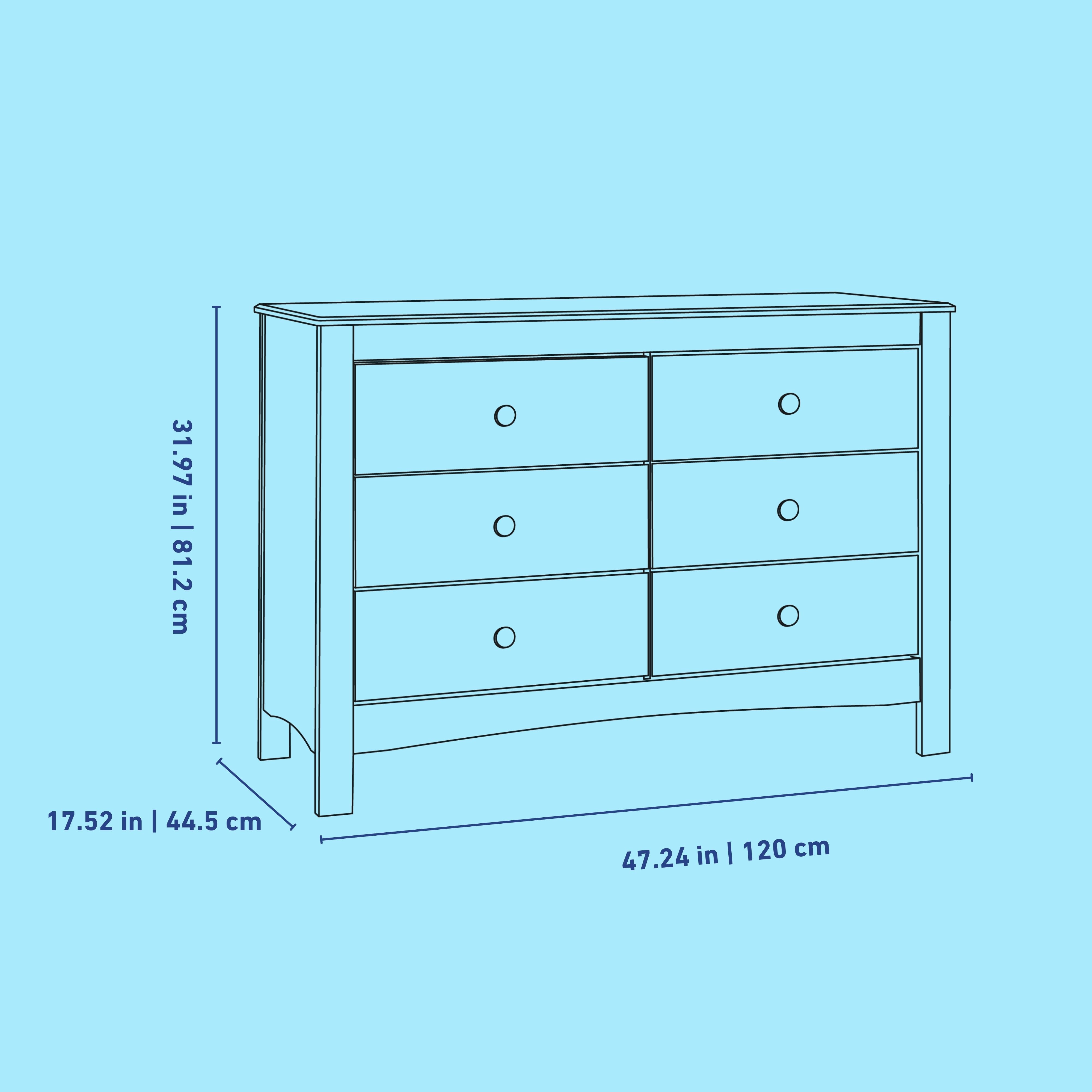 Noah 6 drawer dresser line drawing with dimensions