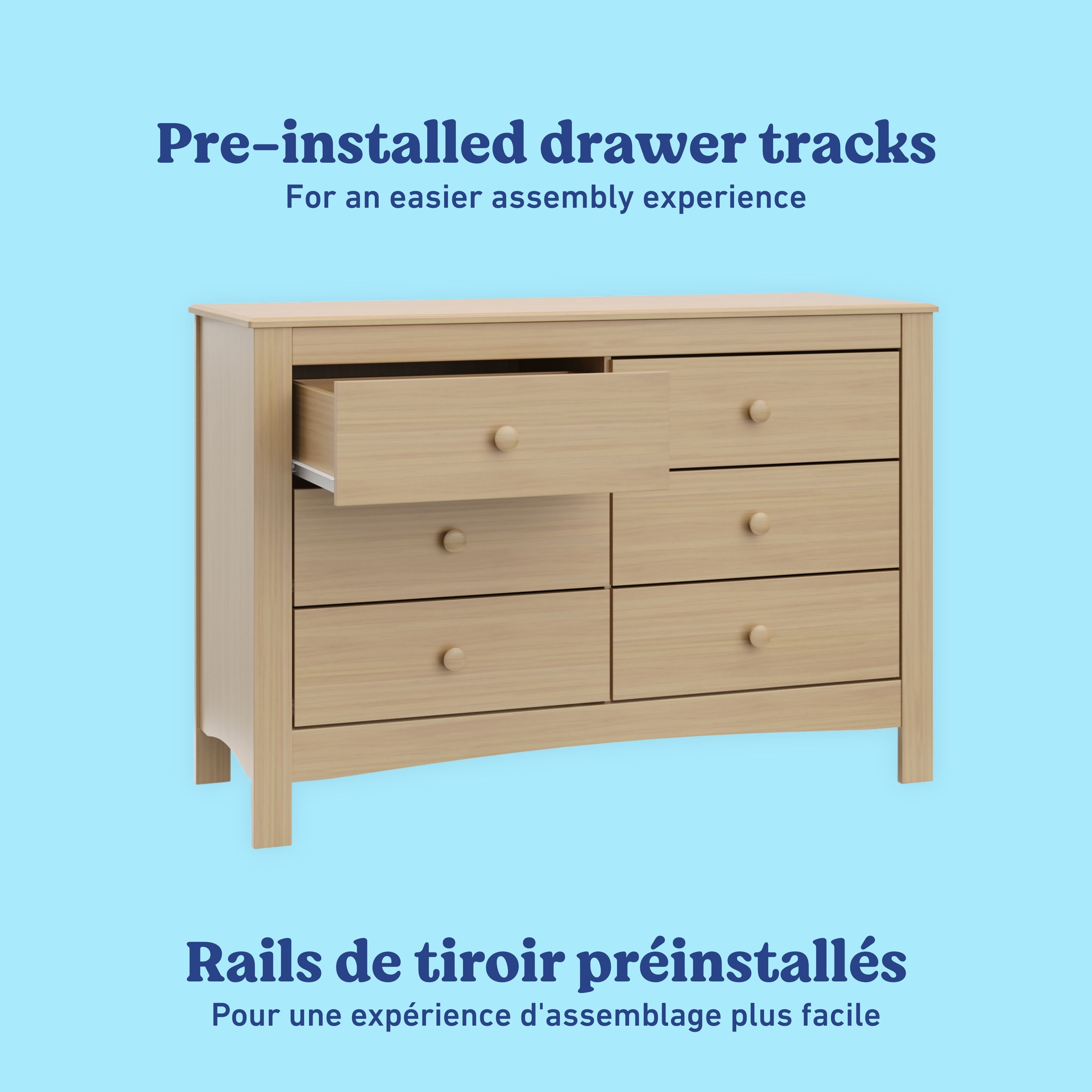 Noah driftwood 6 drawer dresser pre-installed drawer tracks callout