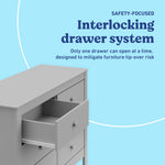 Noah pebble gray 6 drawer dresser interlocking drawers callout