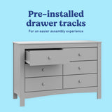 Noah pebble gray 6 drawer dresser pre-installed drawer tracks callout