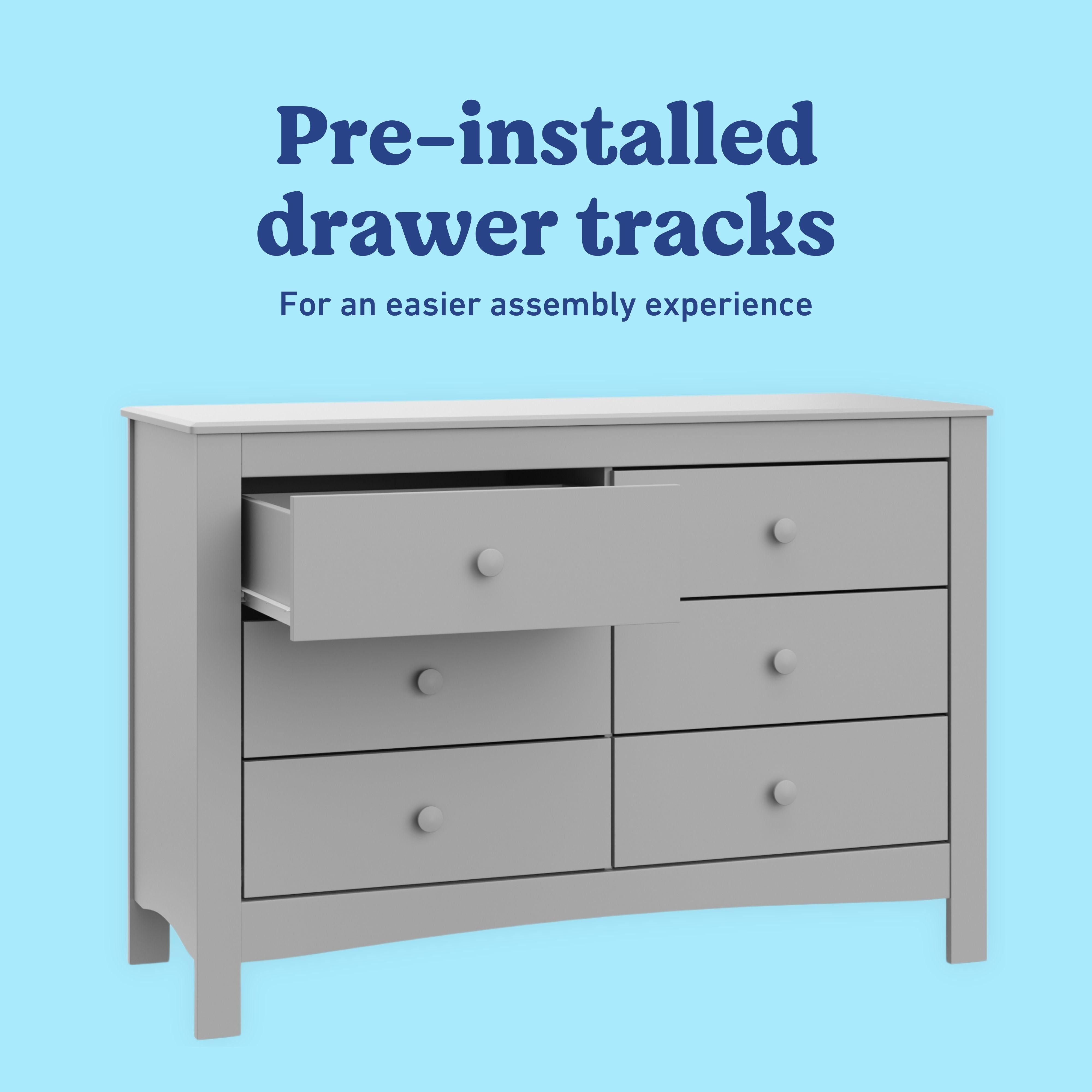 Noah pebble gray 6 drawer dresser pre-installed drawer tracks callout