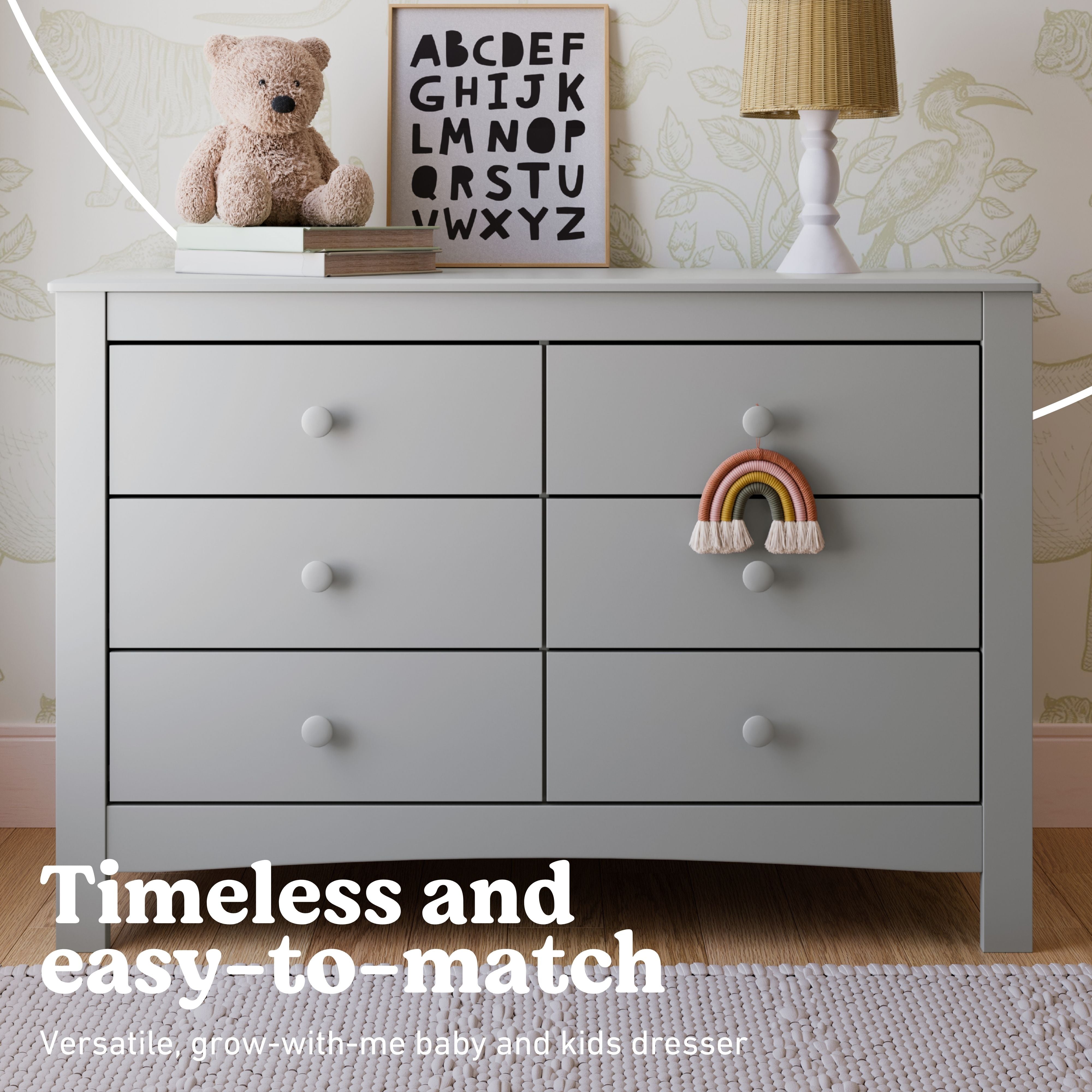 Noah pebble gray 6 drawer dresser style callout