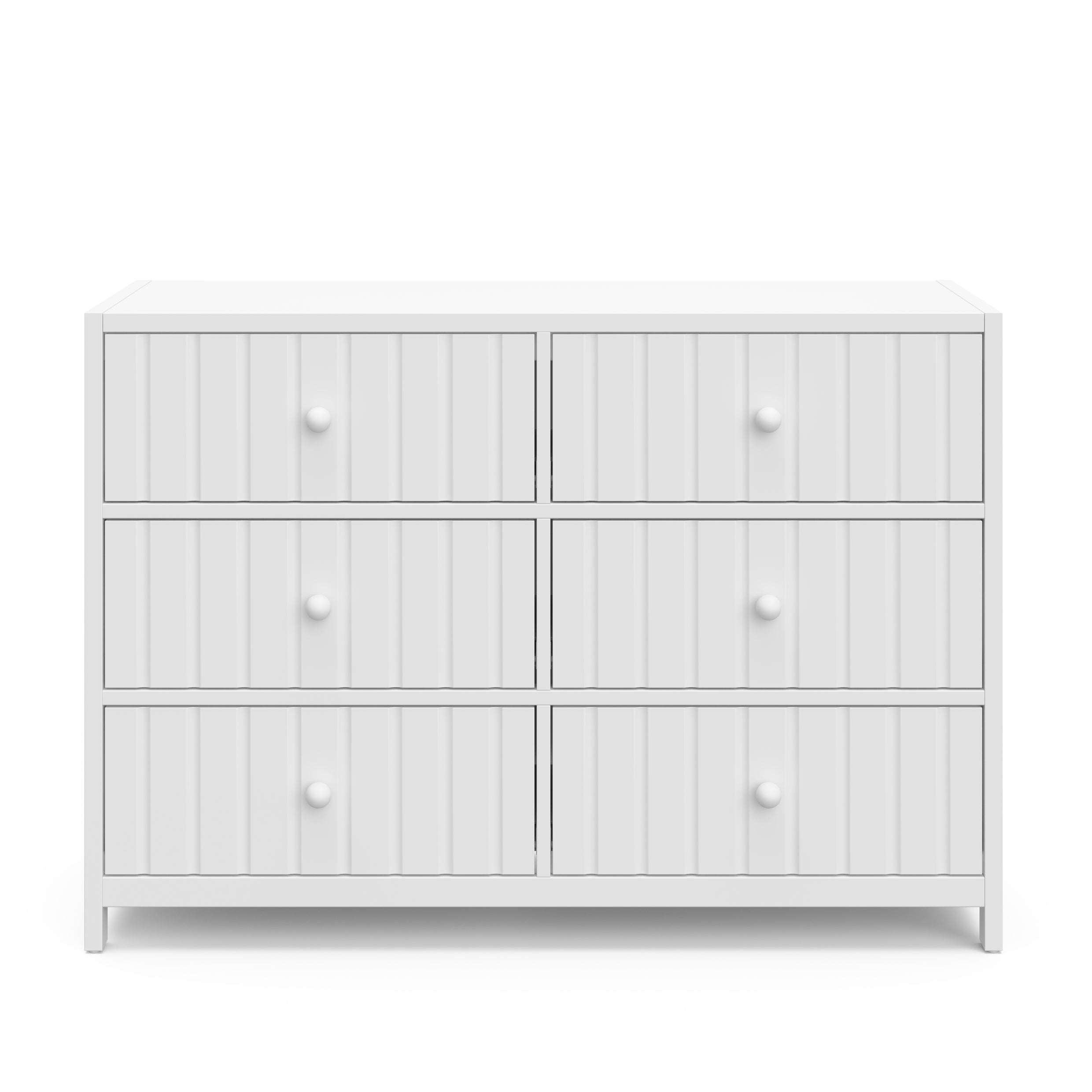 Teddi white 6 drawer dresser with white knobs front view
