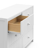 Teddi white 6 drawer dresser with white knobs close up of top left drawer open