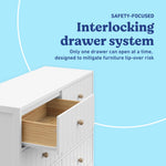 Teddi white 6 drawer dresser interlocking drawers callout