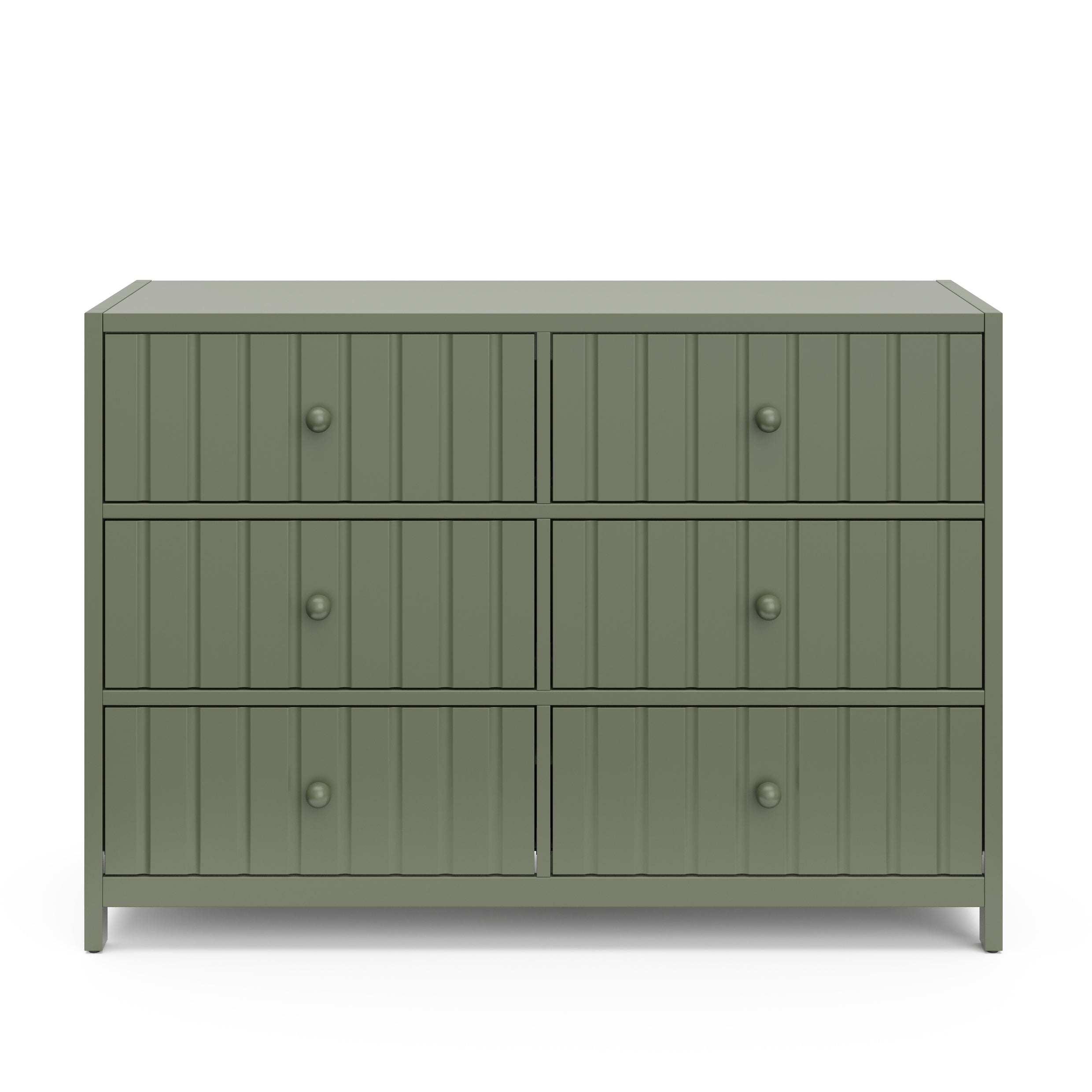 Teddi olive 6 drawer dresser with white knobs front view