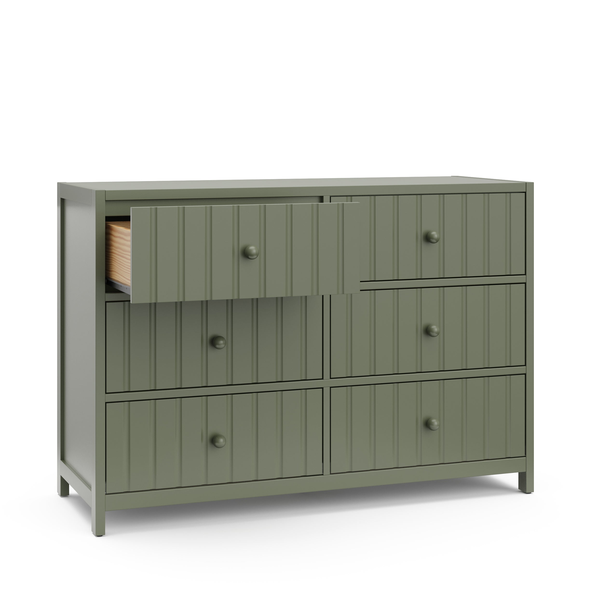 Teddi olive 6 drawer dresser with white knobs and top left drawer open angle view