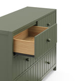 Teddi olive 6 drawer dresser with white knobs close up of top left drawer open