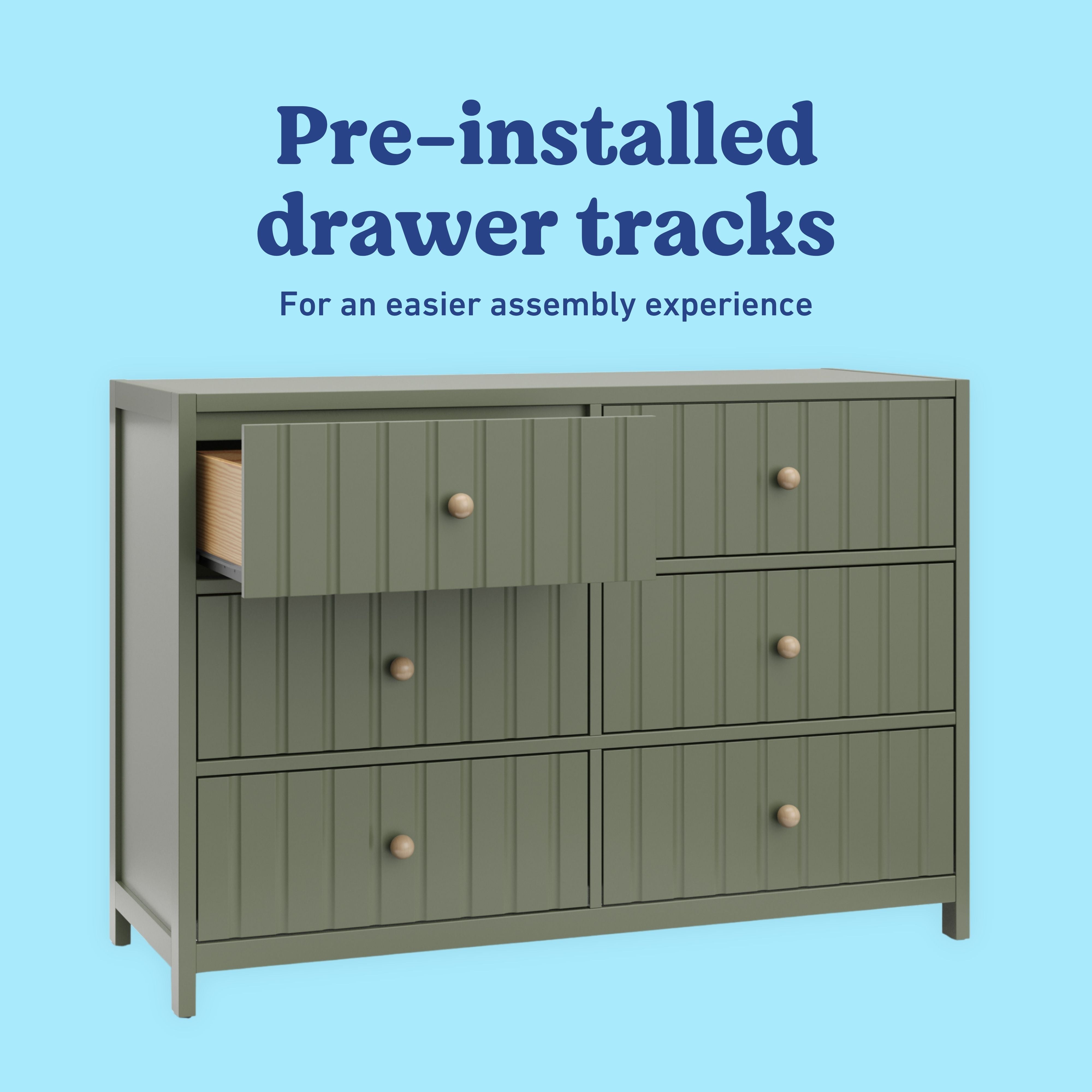 Teddi olive 6 drawer dresser pre-installed drawer tracks callout