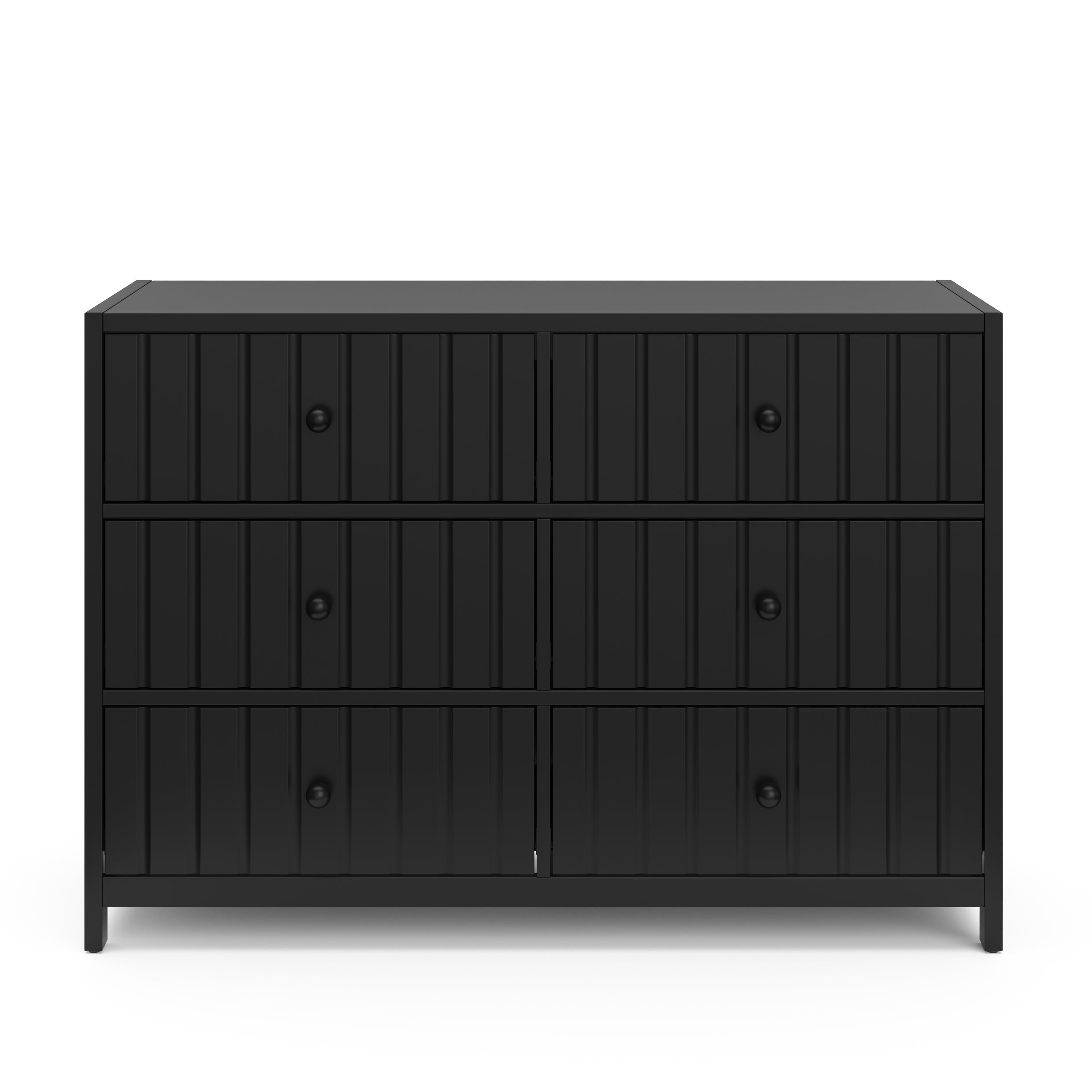 Teddi black 6 drawer dresser with white knobs front view