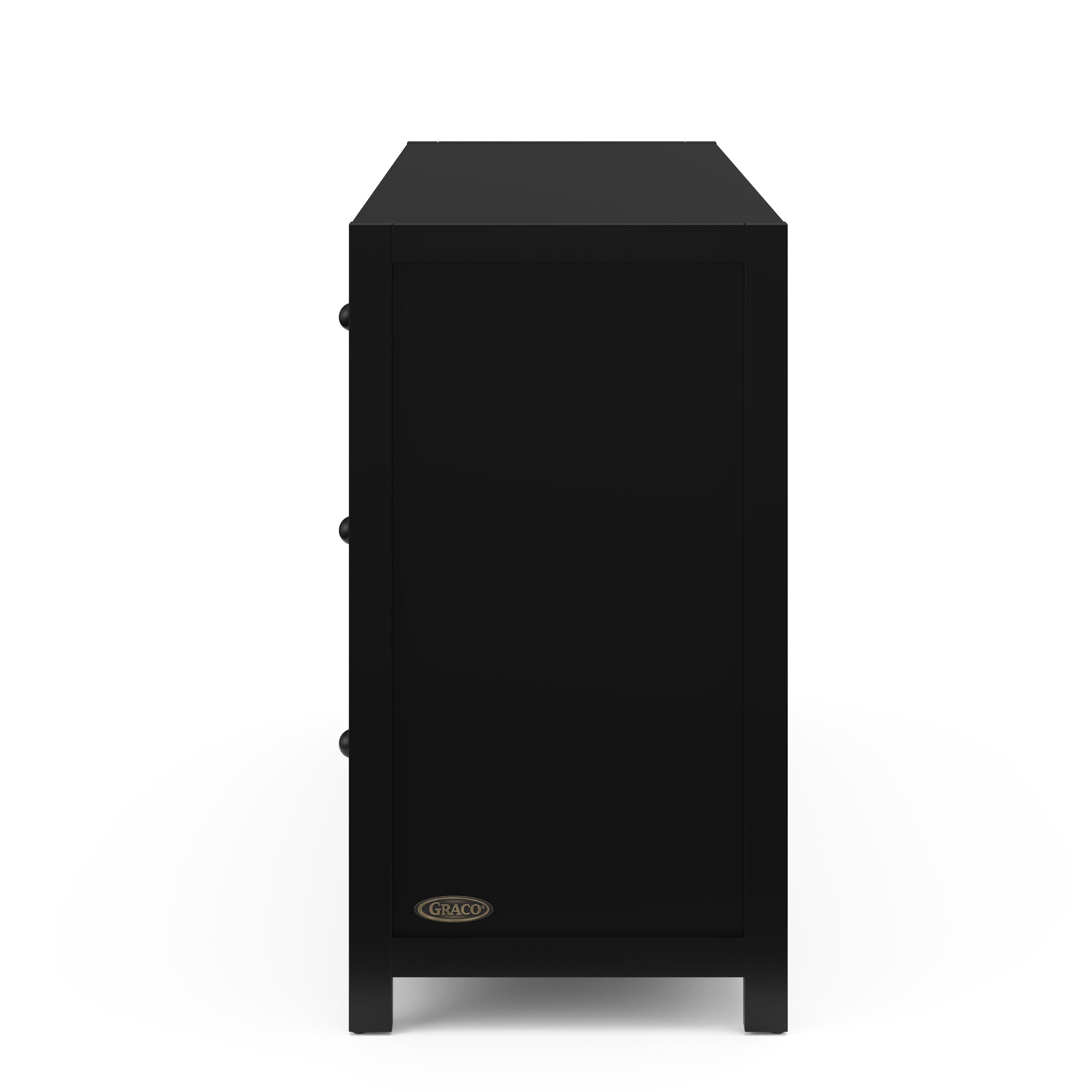 Teddi black 6 drawer dresser with white knobs side view