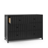 Teddi black 6 drawer dresser with white knobs and top left drawer open angle view