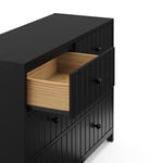 Teddi black 6 drawer dresser with white knobs close up of top left drawer open