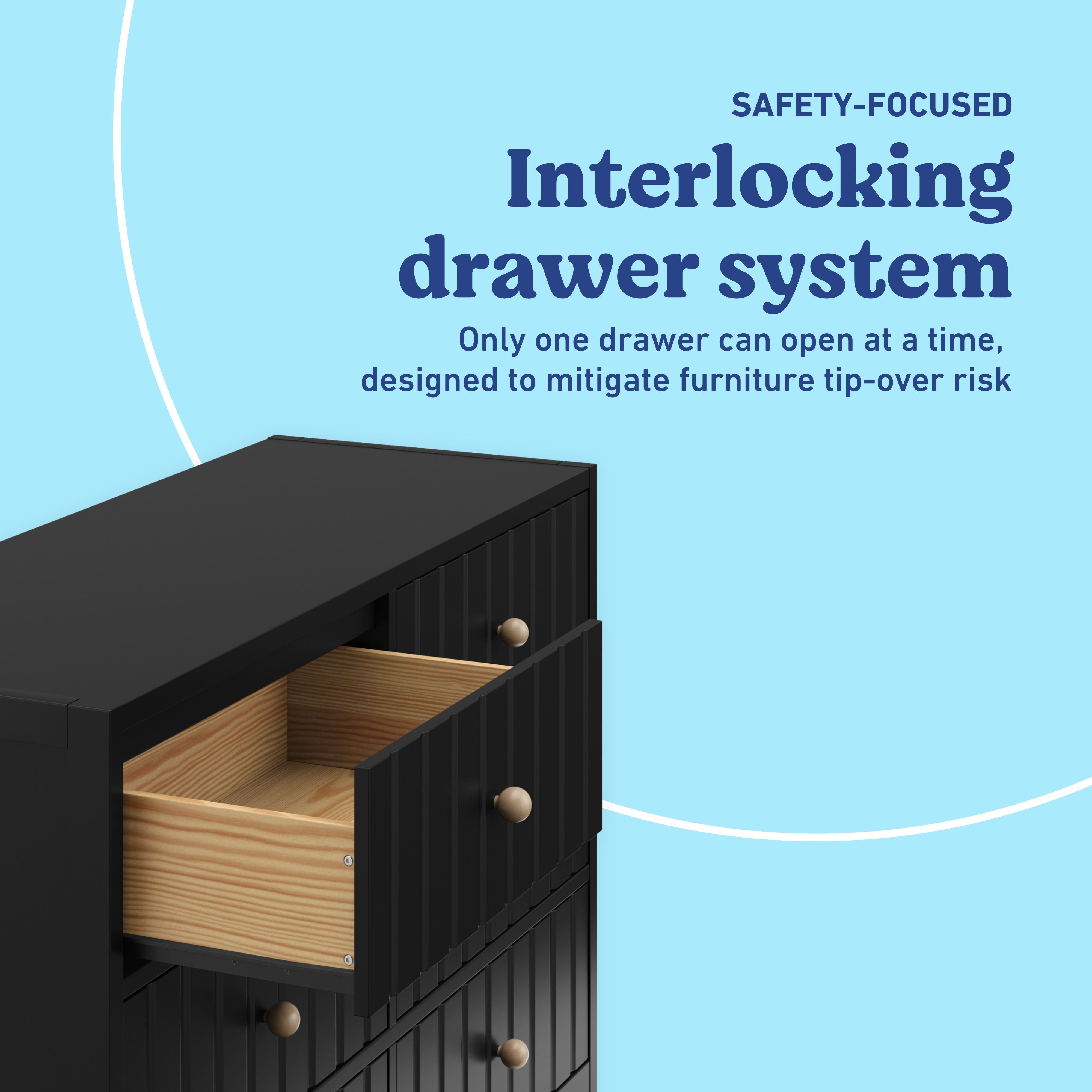 Teddi black 6 drawer dresser interlocking drawers callout