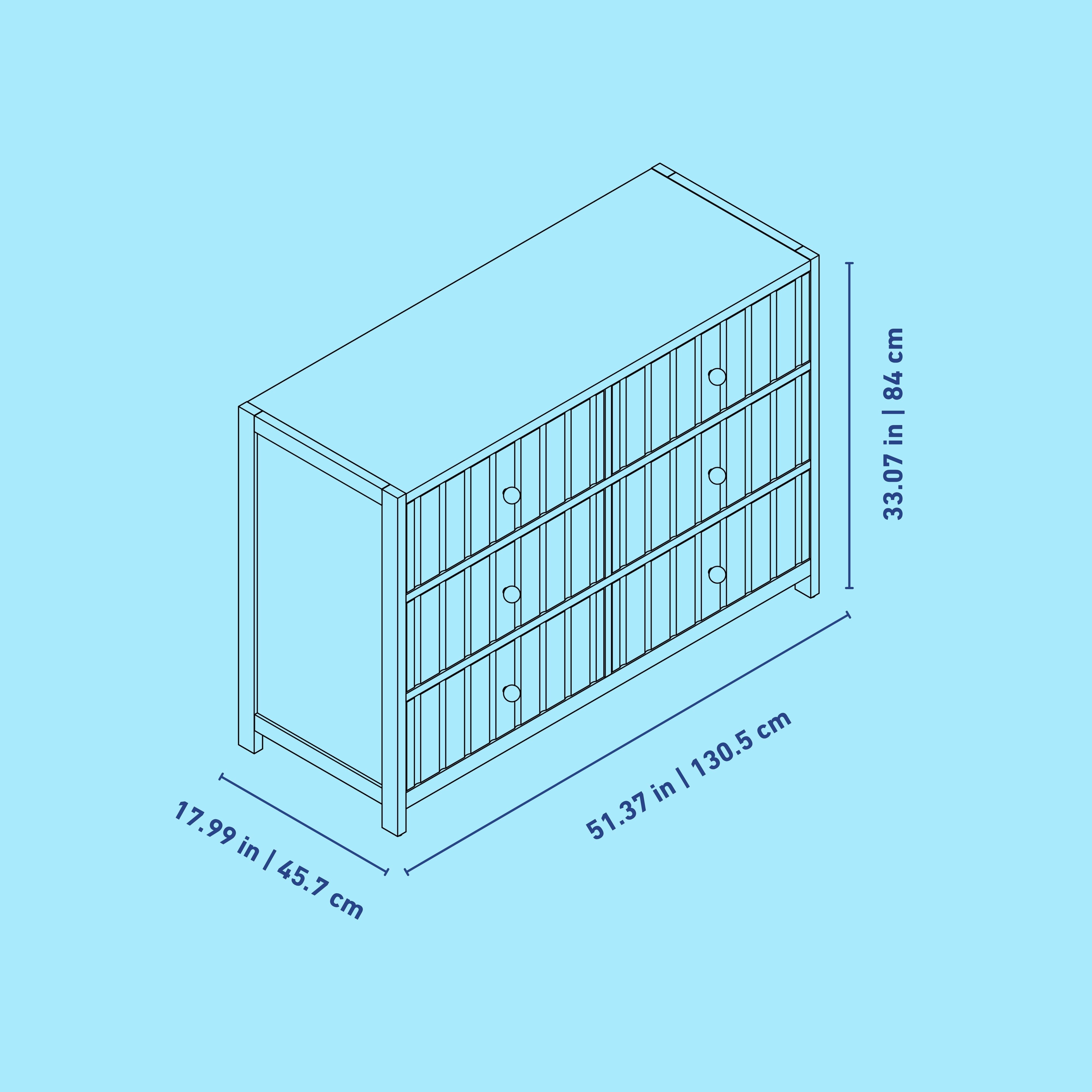 Teddi 6 drawer dresser line drawing with dimensions