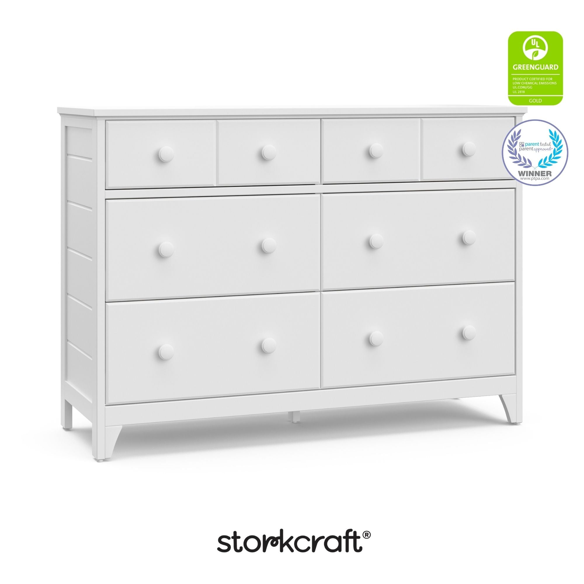 Moss white 6 drawer dresser with GGG and PTPA logos on top right