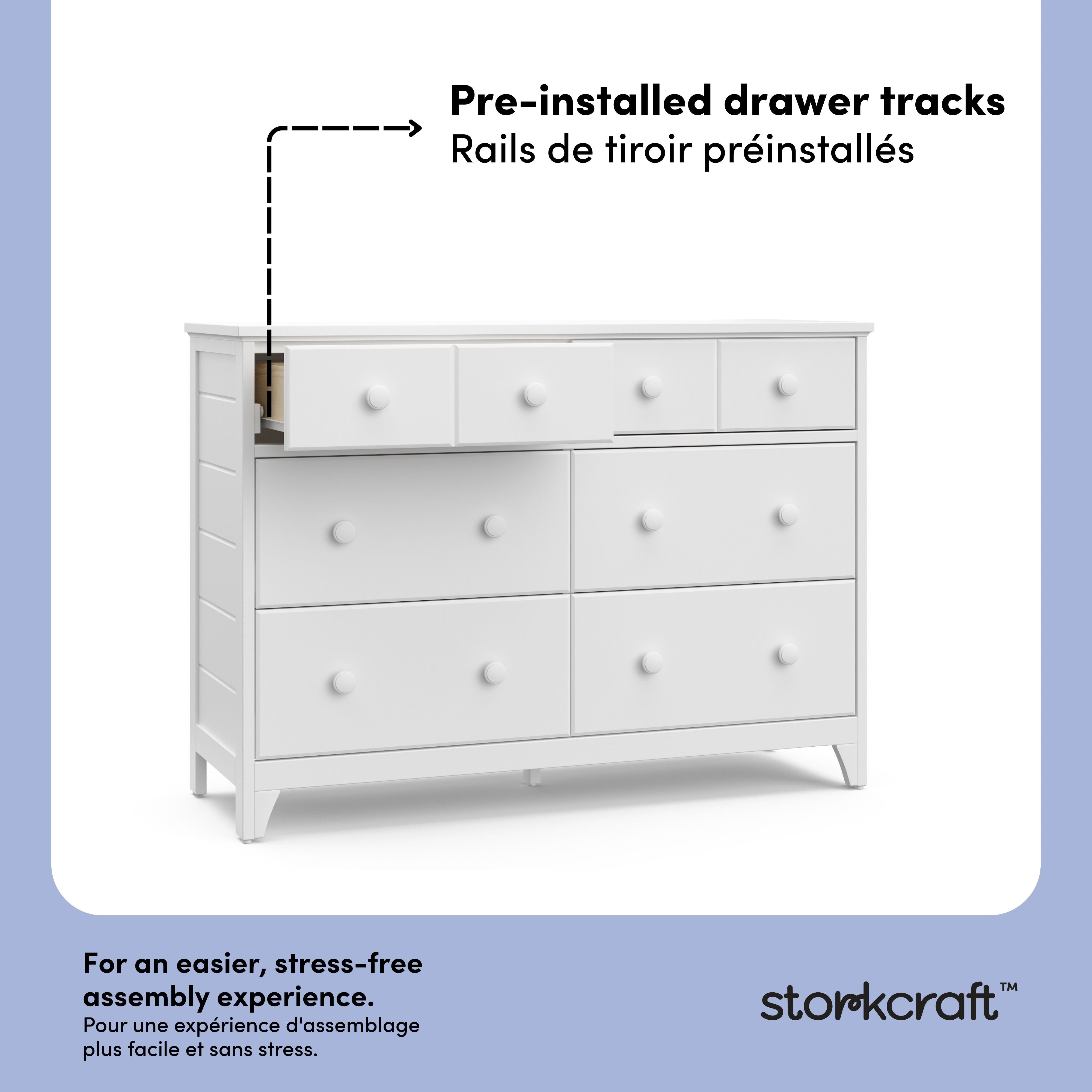 Moss white 6 drawer dresser pre-installed drawer tracks callout