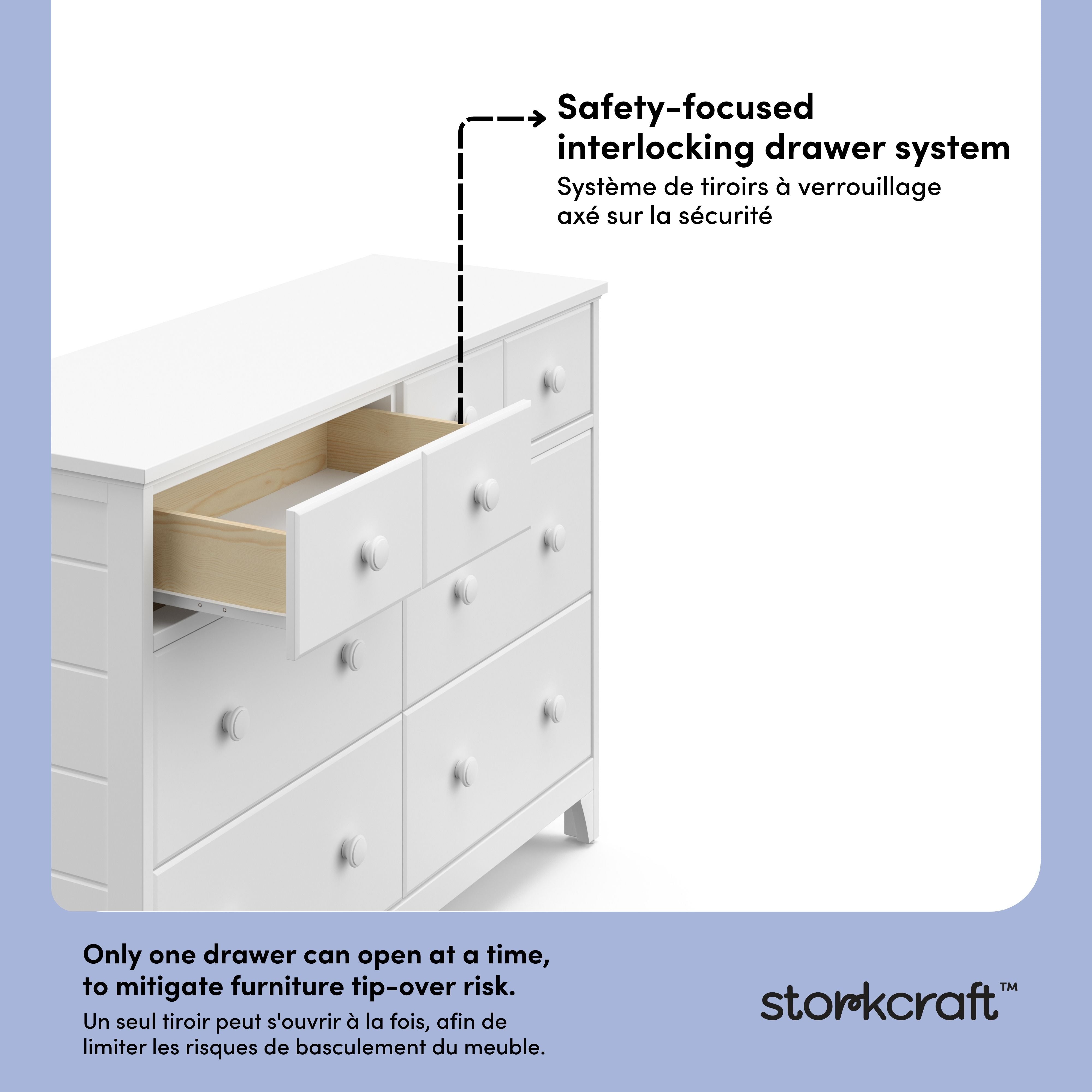 Moss white 6 drawer dresser interlocking drawers callout