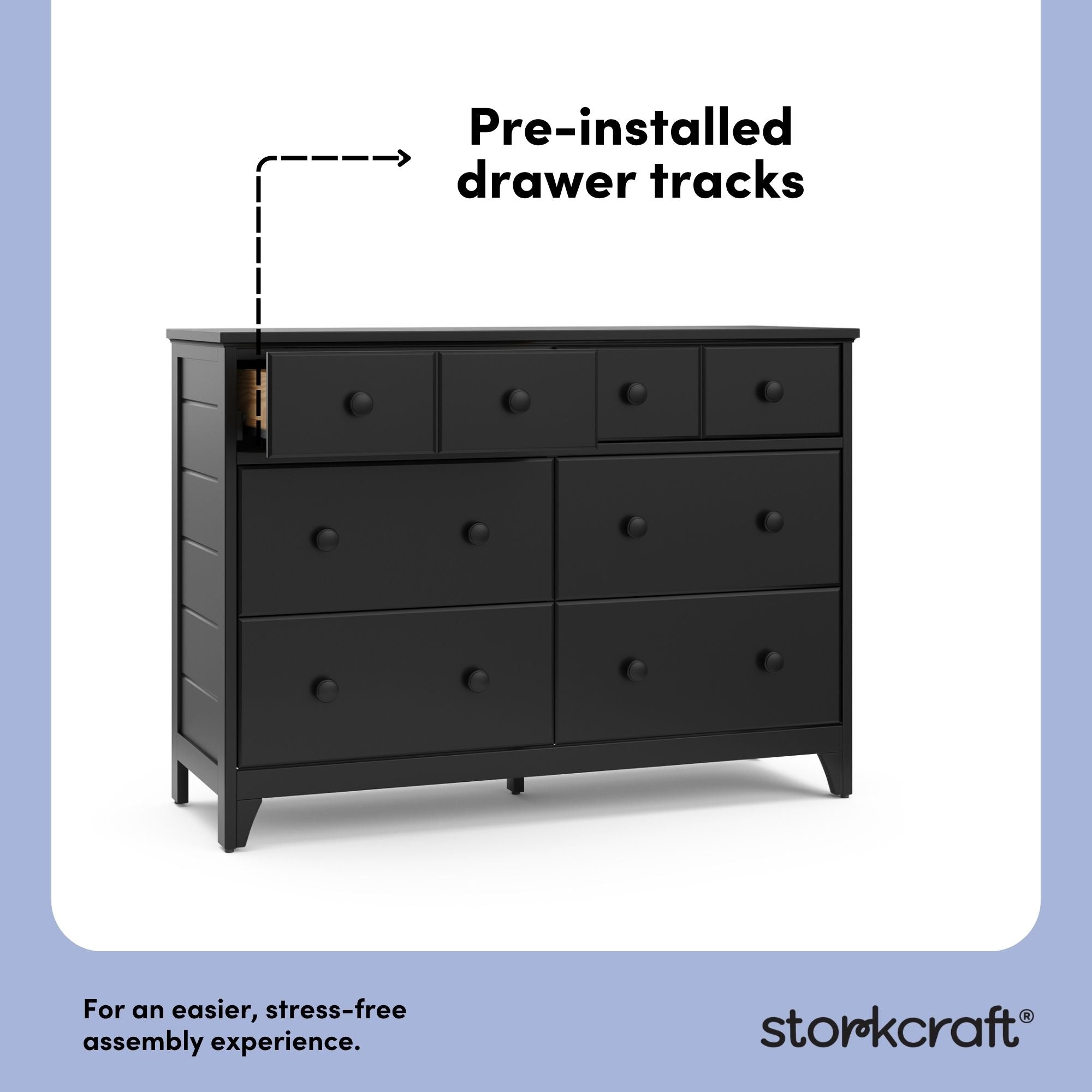 Moss black 6 drawer dresser pre-installed drawer tracks callout