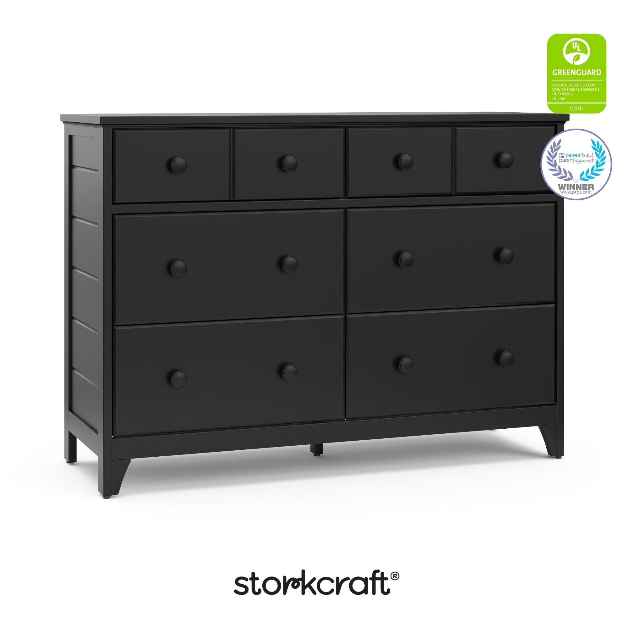 Moss black 6 drawer dresser with GGG and PTPA logos on top right