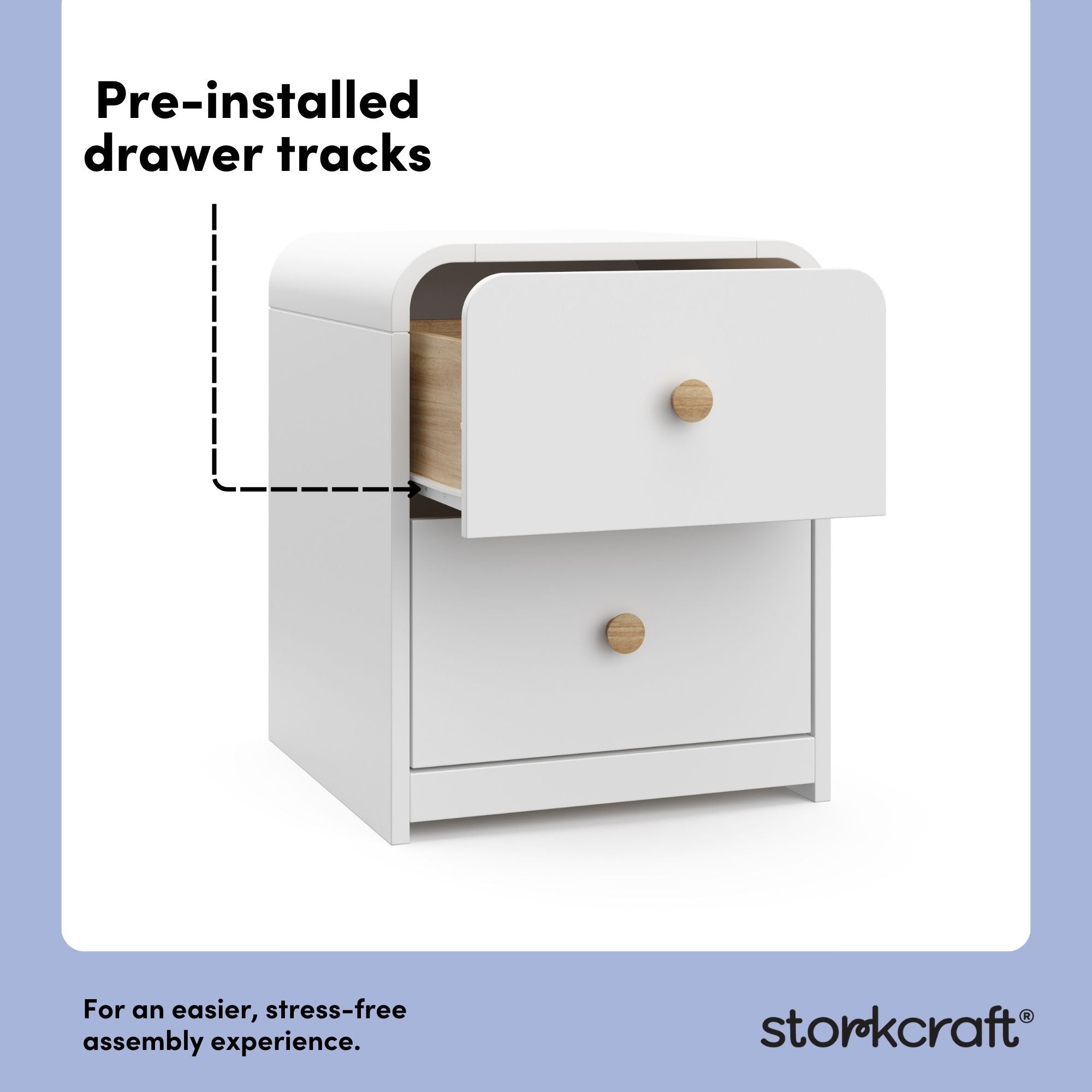 Santos white 2 drawer nightstand pre-installed drawer tracks callout