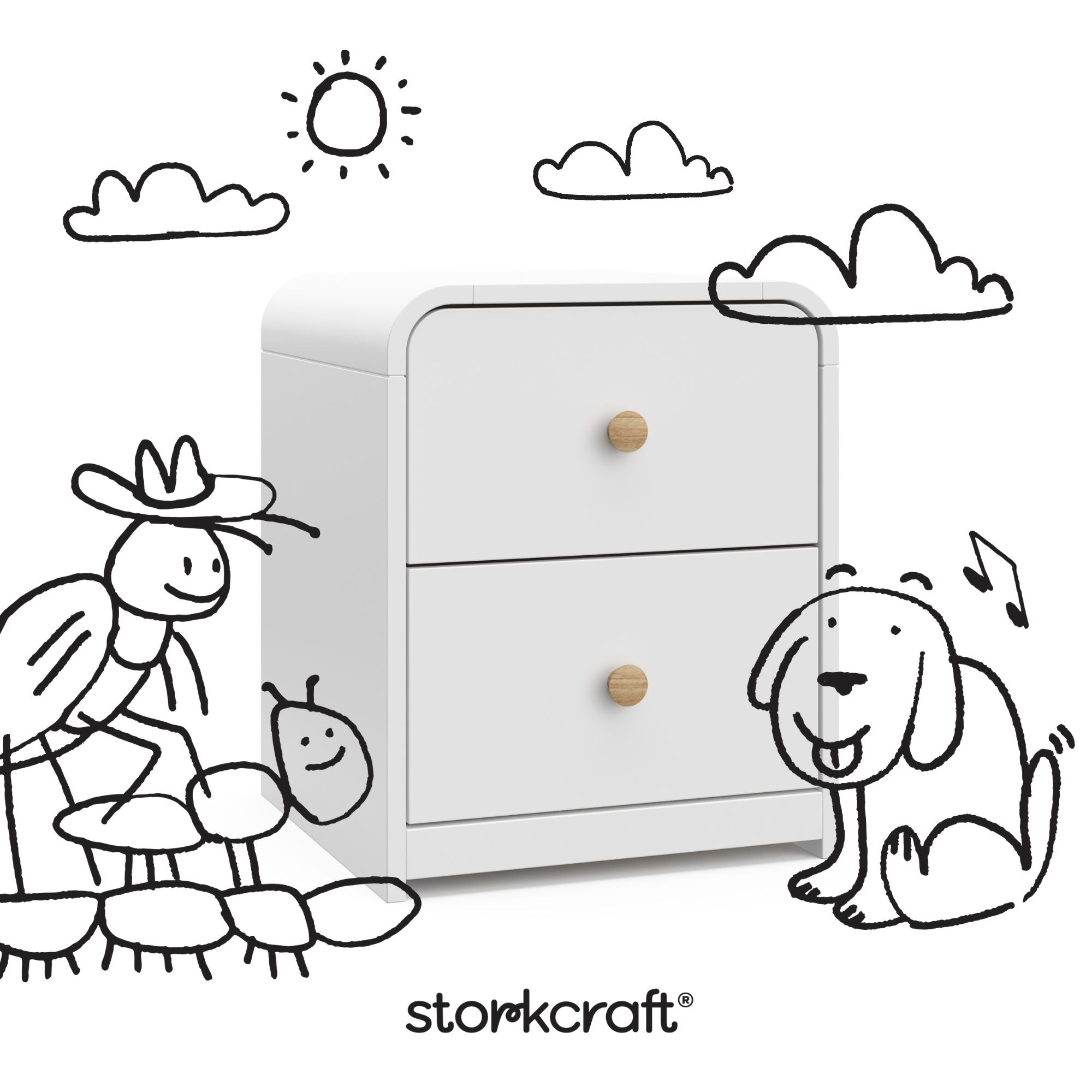 Santos white 2 drawer nightstand with black doodles overlaid on image