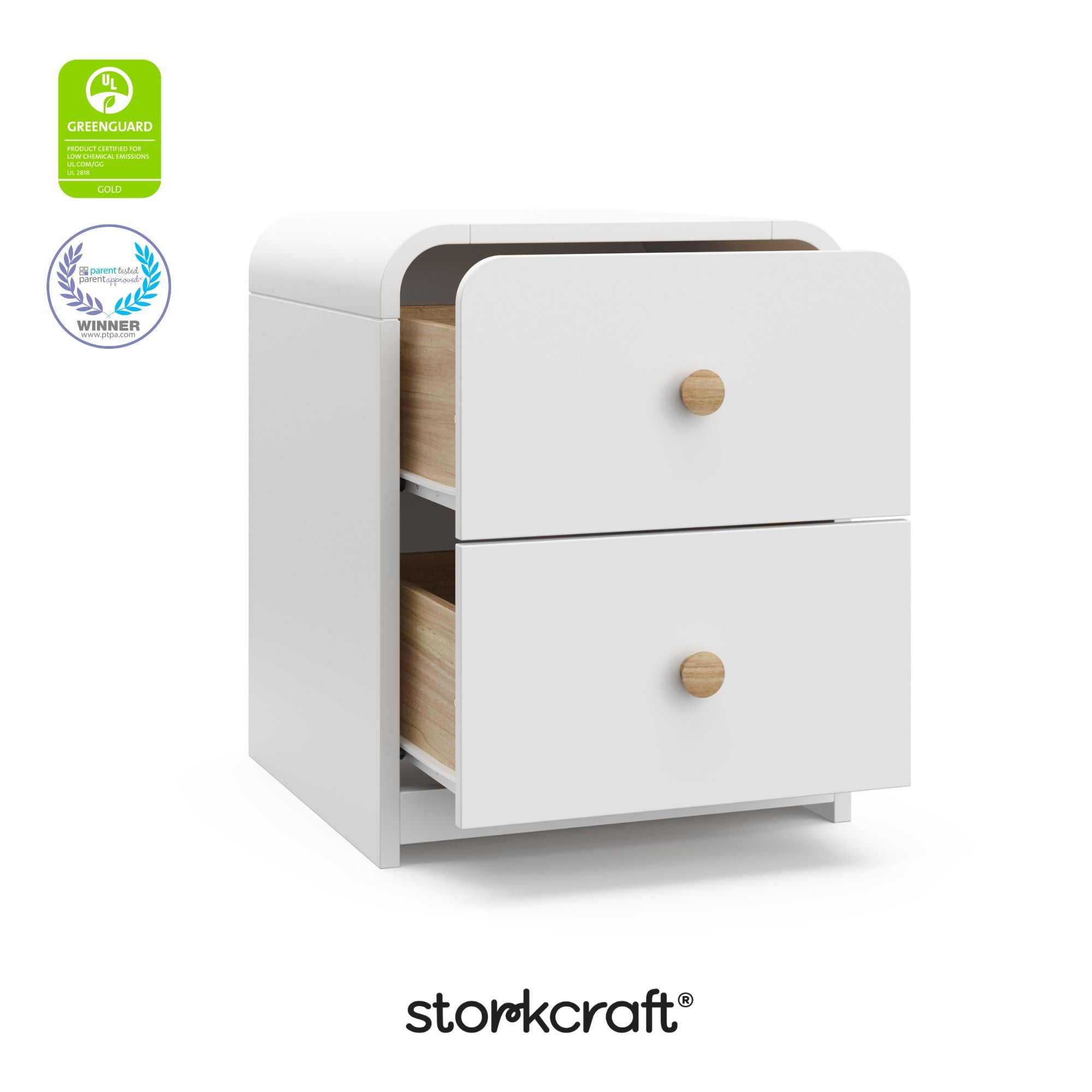 Santos white 2 drawer nightstand with GGG and PTPA logos on top left