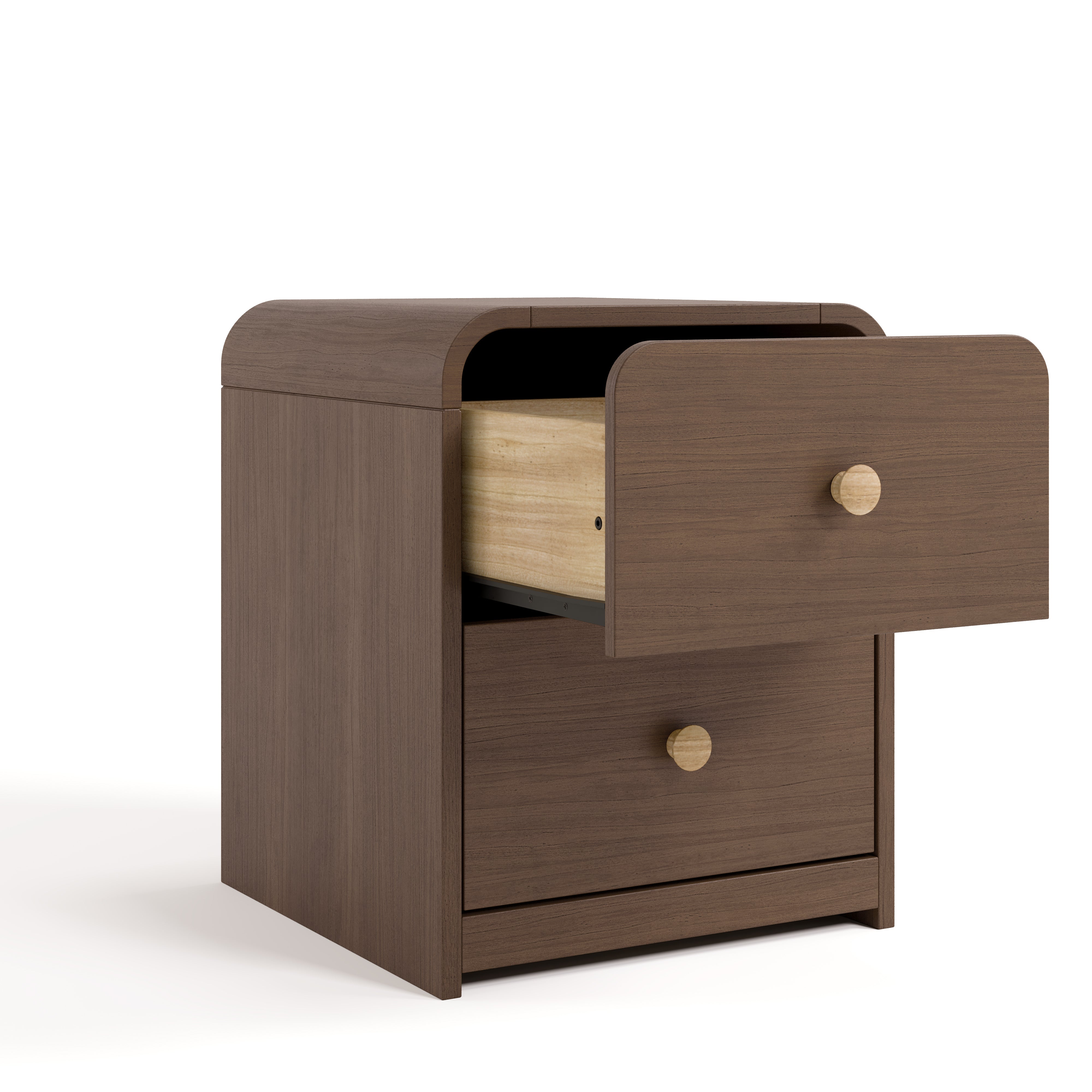 Santos hazelnut 2 drawer nightstand with top drawer open angle view