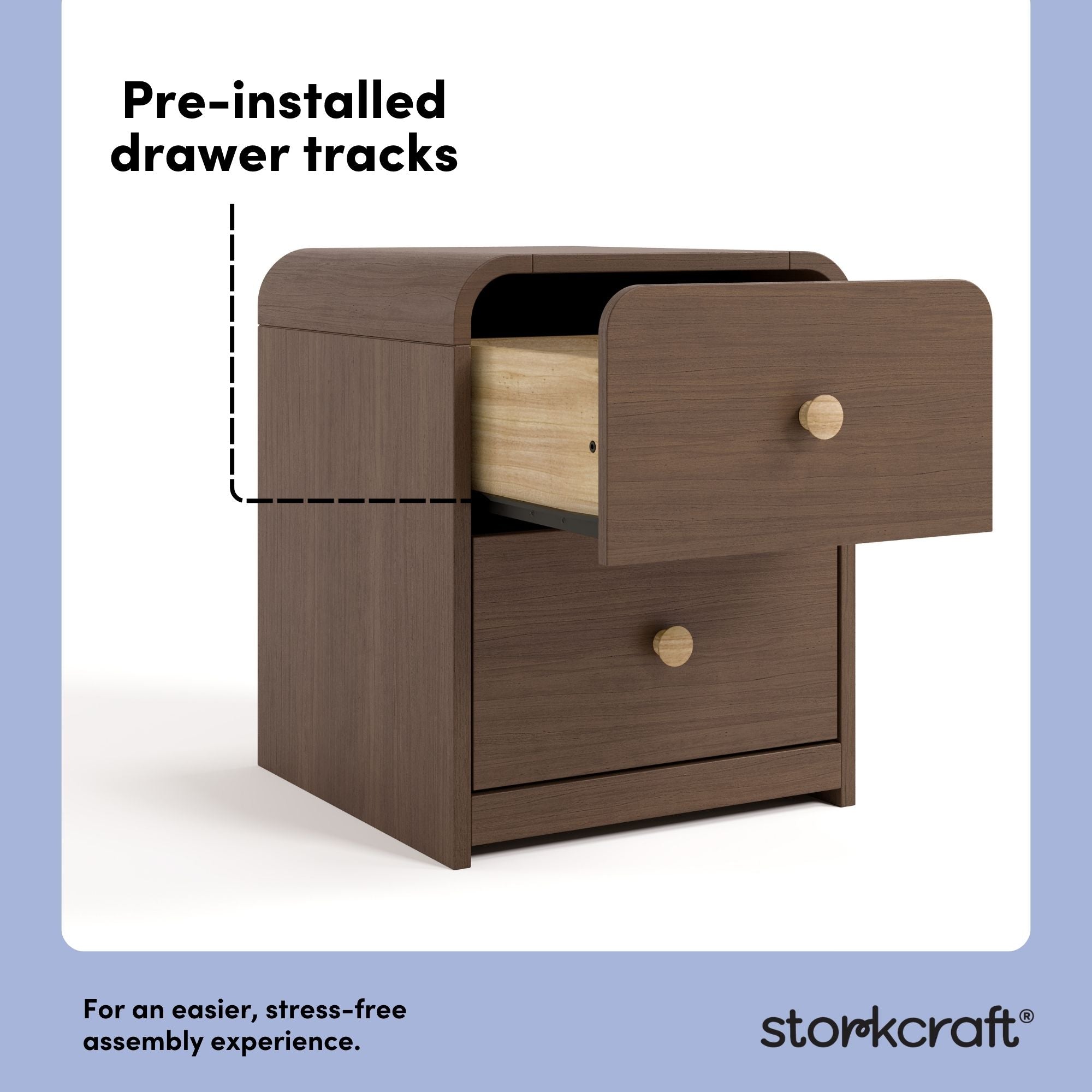 Santos hazelnut 2 drawer nightstand pre-installed drawer tracks callout
