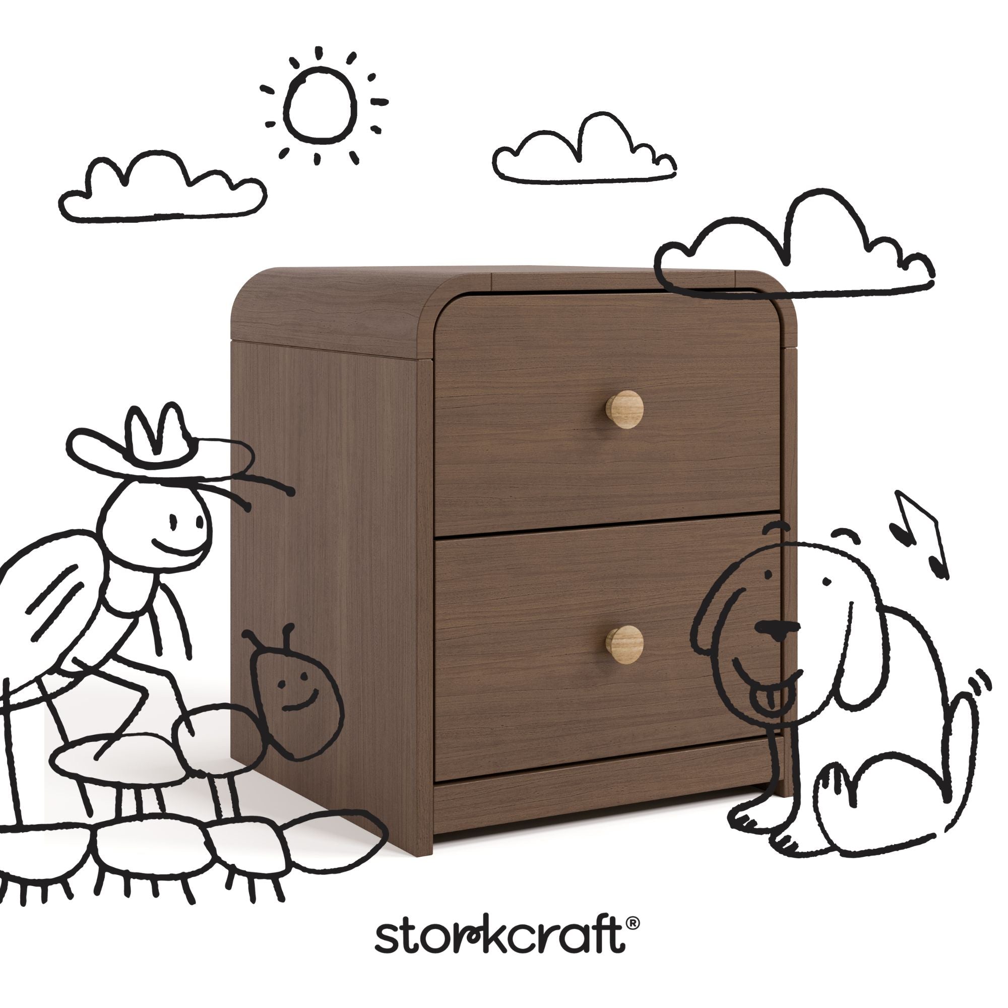 Santos hazelnut 2 drawer nightstand with black doodles overlaid on image