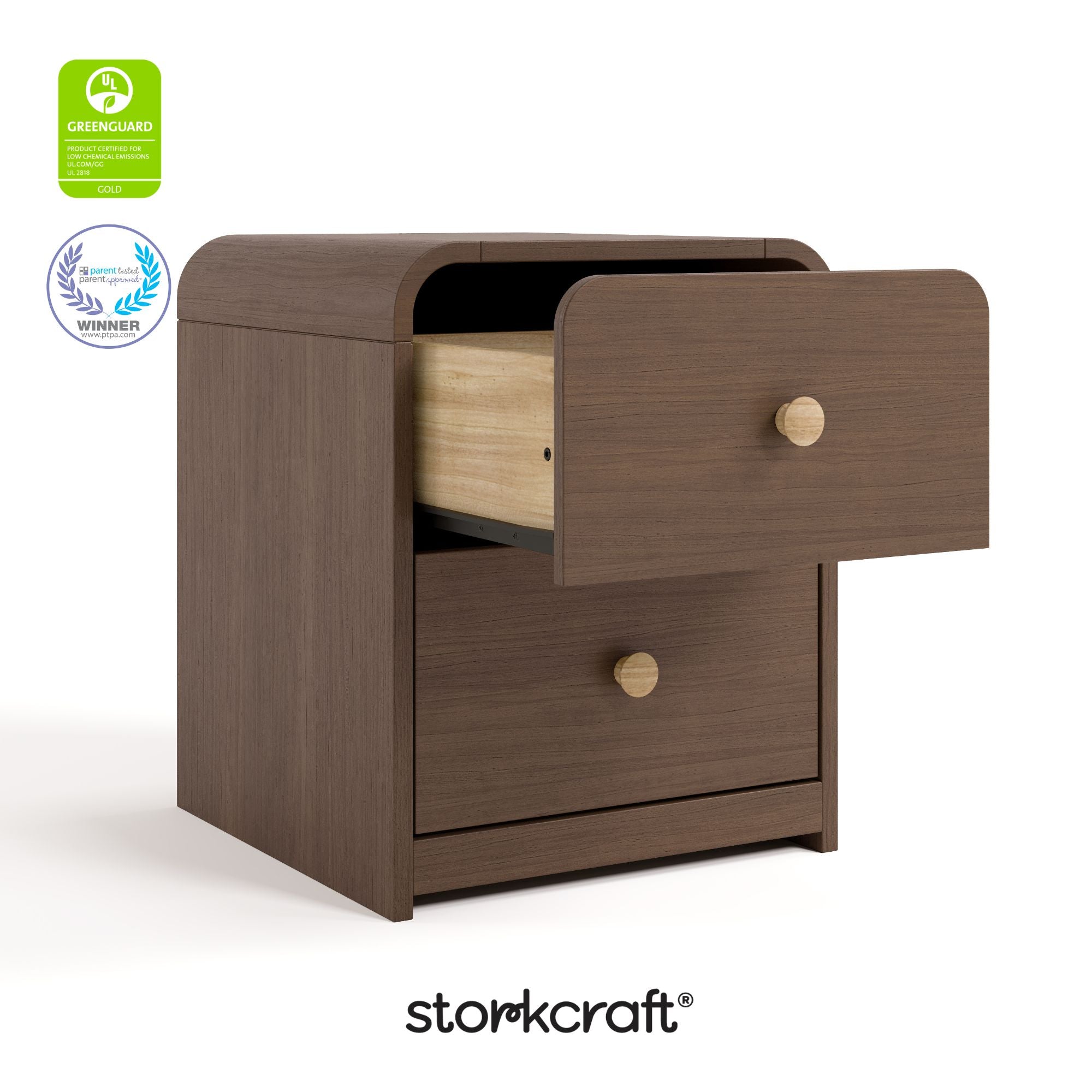 Santos hazelnut 2 drawer nightstand with GGG and PTPA logos on top left