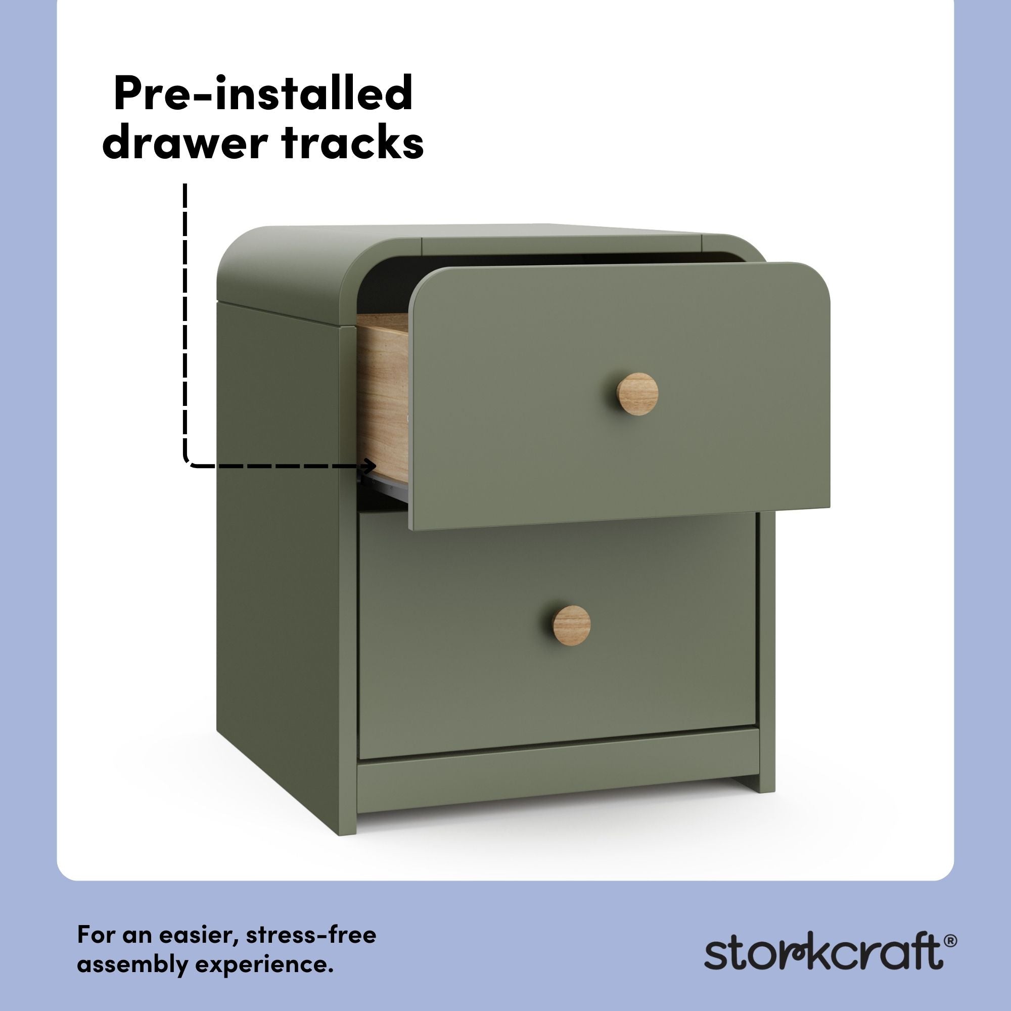 Santos olive 2 drawer nightstand pre-installed drawer tracks callout