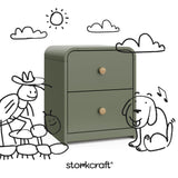 Santos olive 2 drawer nightstand with black doodles overlaid on image