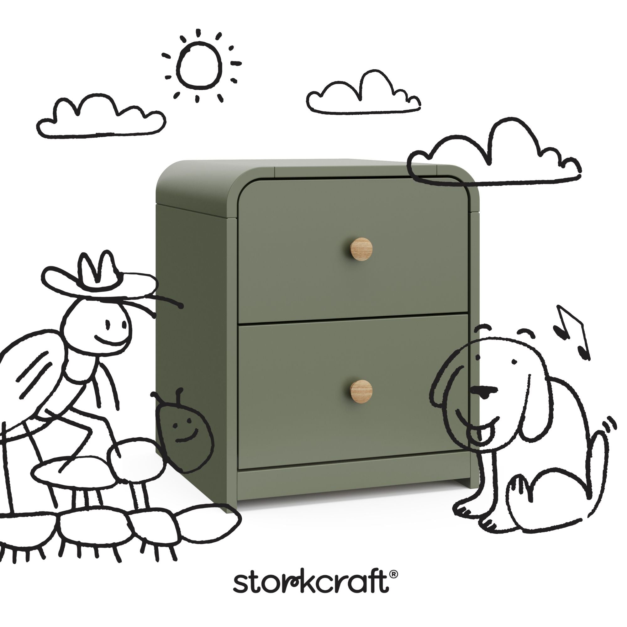 Santos olive 2 drawer nightstand with black doodles overlaid on image
